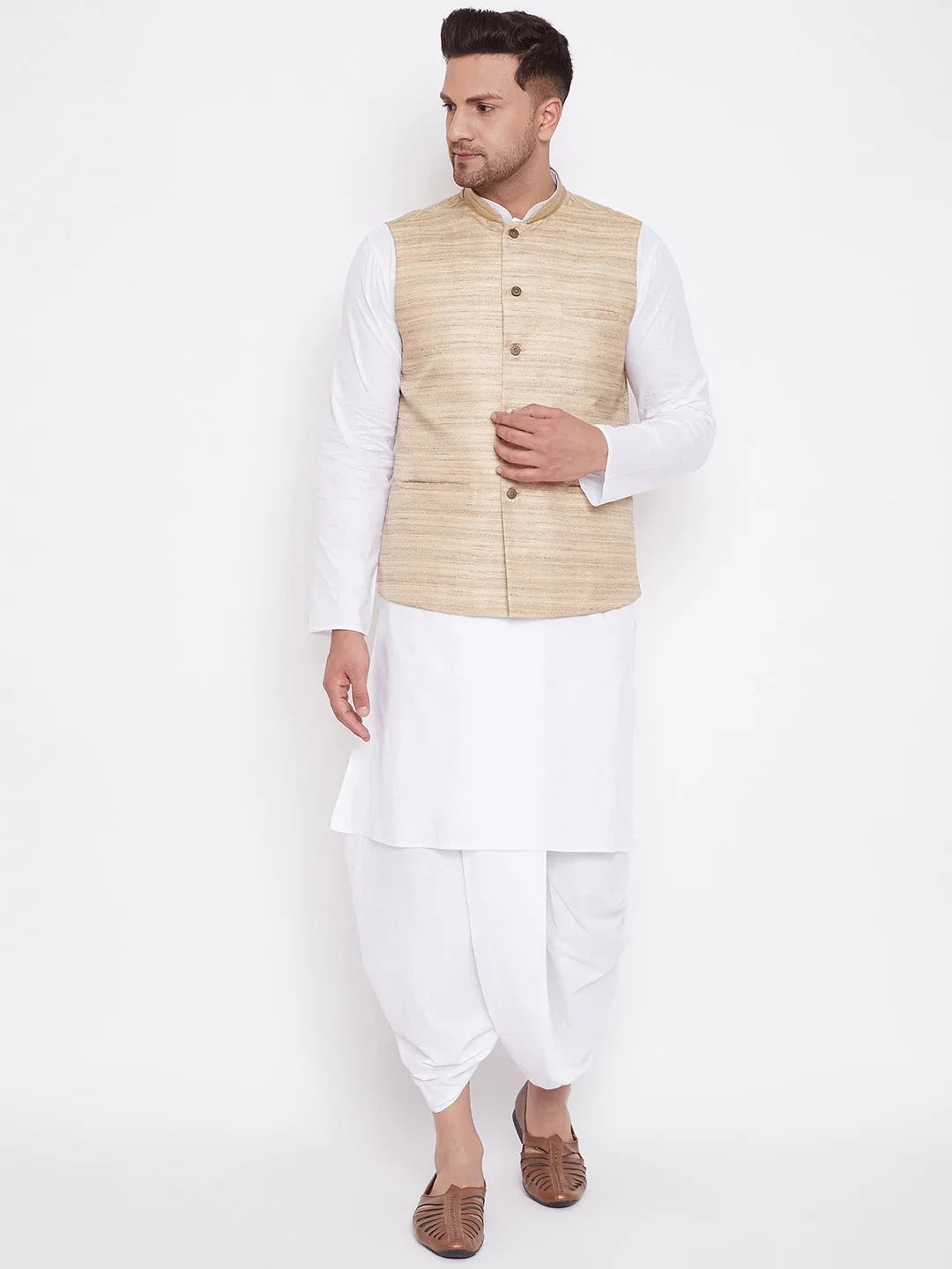 Men's Beige And White Cotton Blend Jacket, Kurta And Dhoti Set