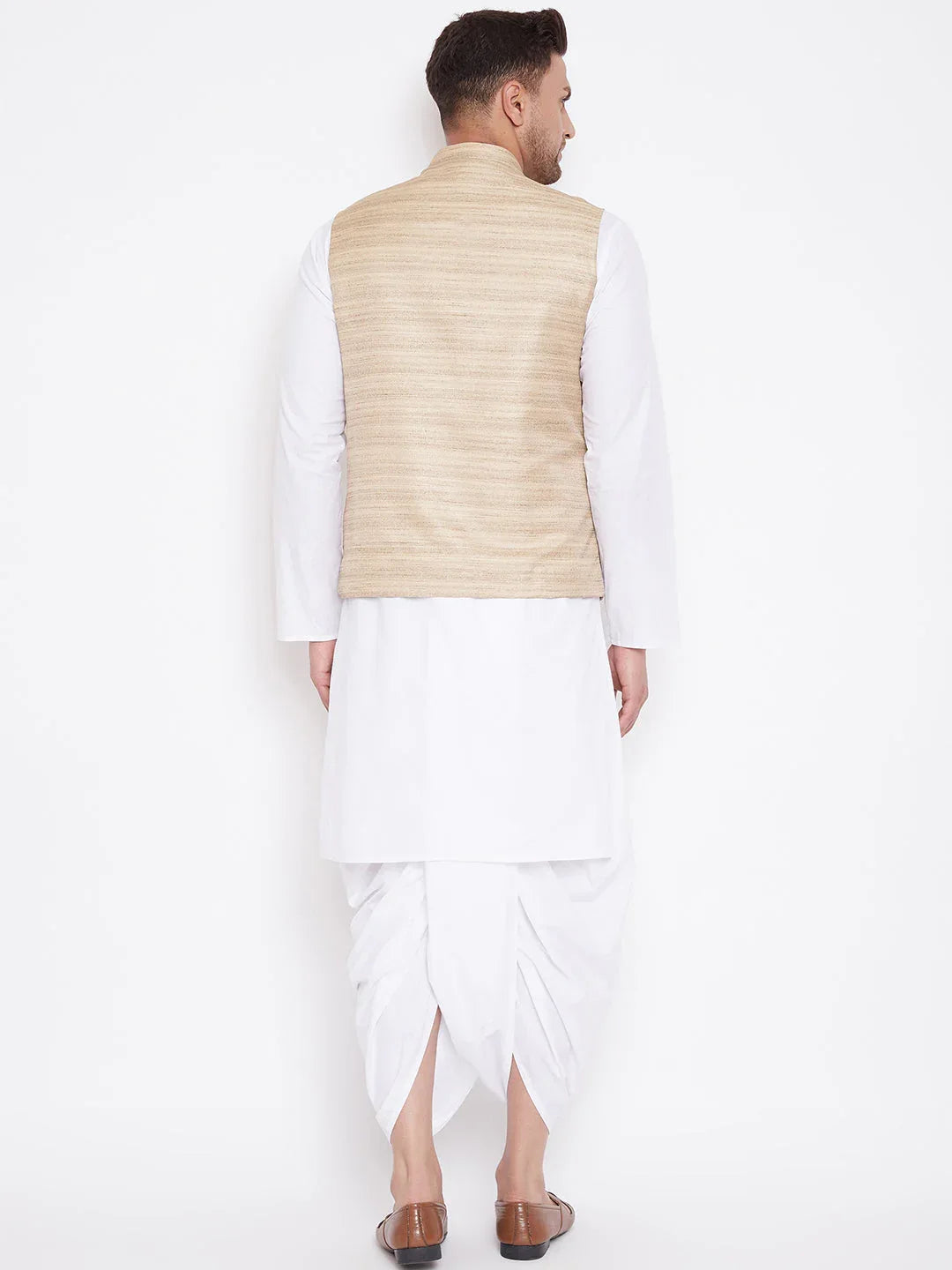 Men's Beige And White Cotton Blend Jacket, Kurta And Dhoti Set