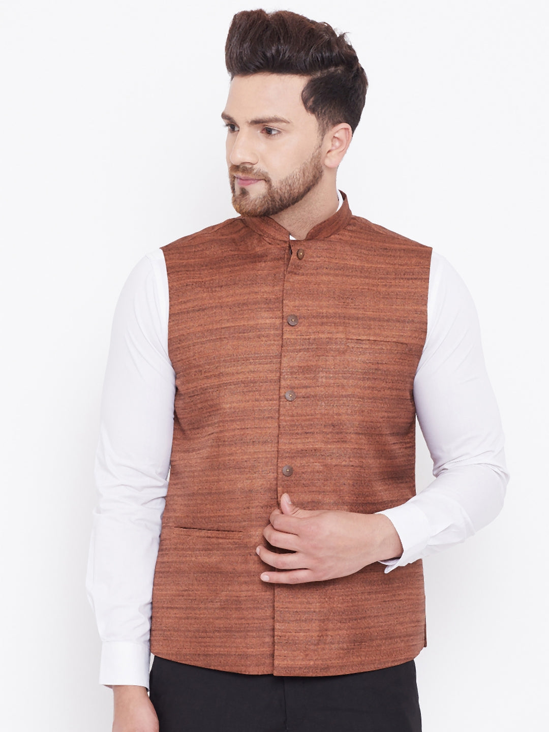 VASTRAMAY Men's Coffee Brown Silk Blend Nehru Jacket