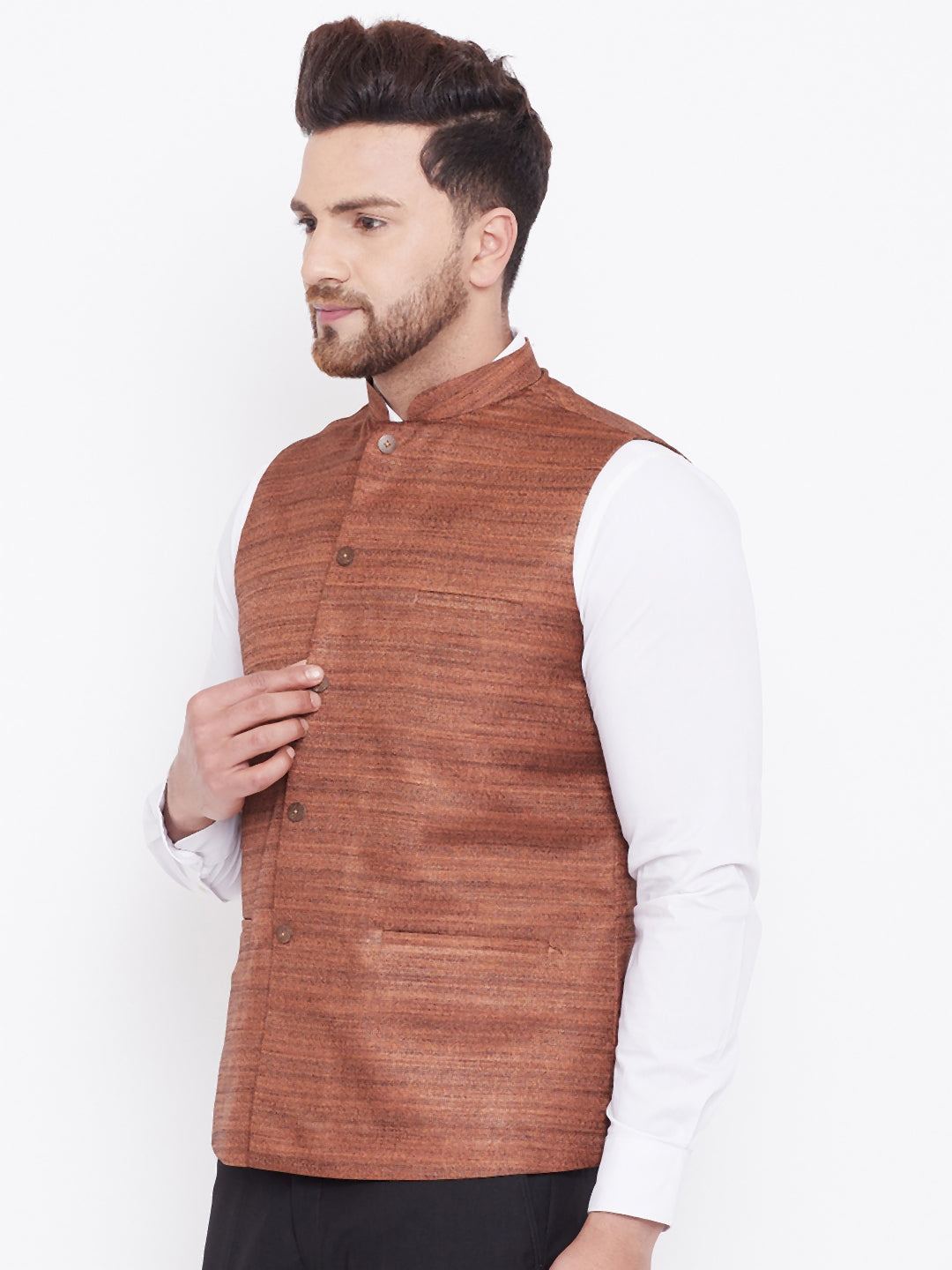 VASTRAMAY Men's Coffee Brown Silk Blend Nehru Jacket