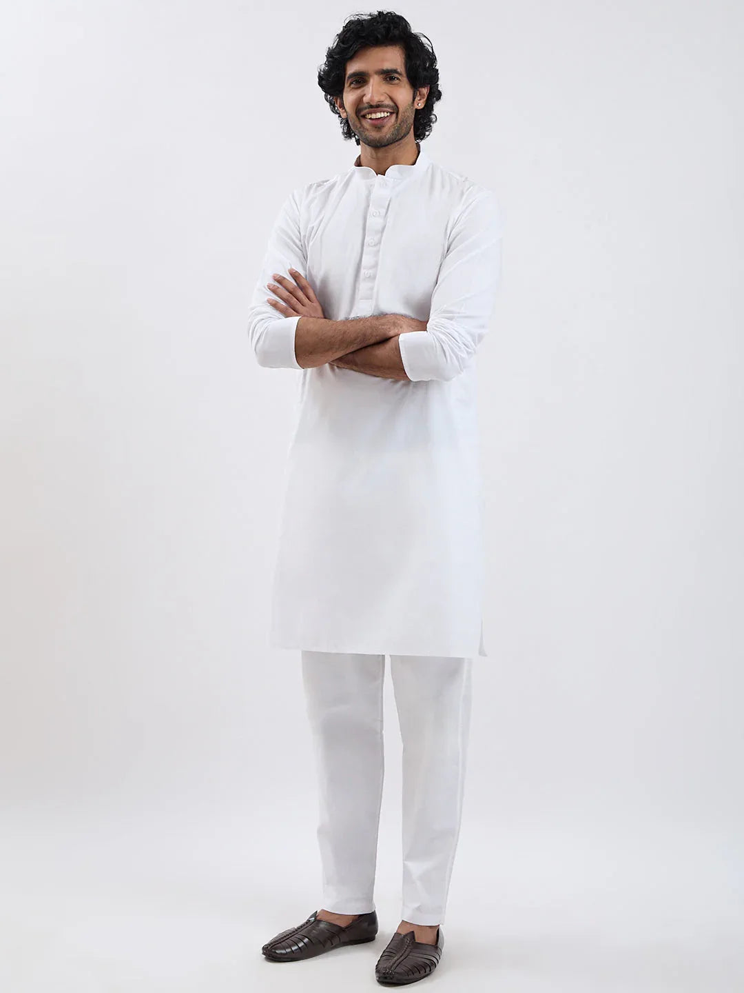 Men's Coffee Brown And White Cotton Blend Jacket, Kurta And Pyjama Set