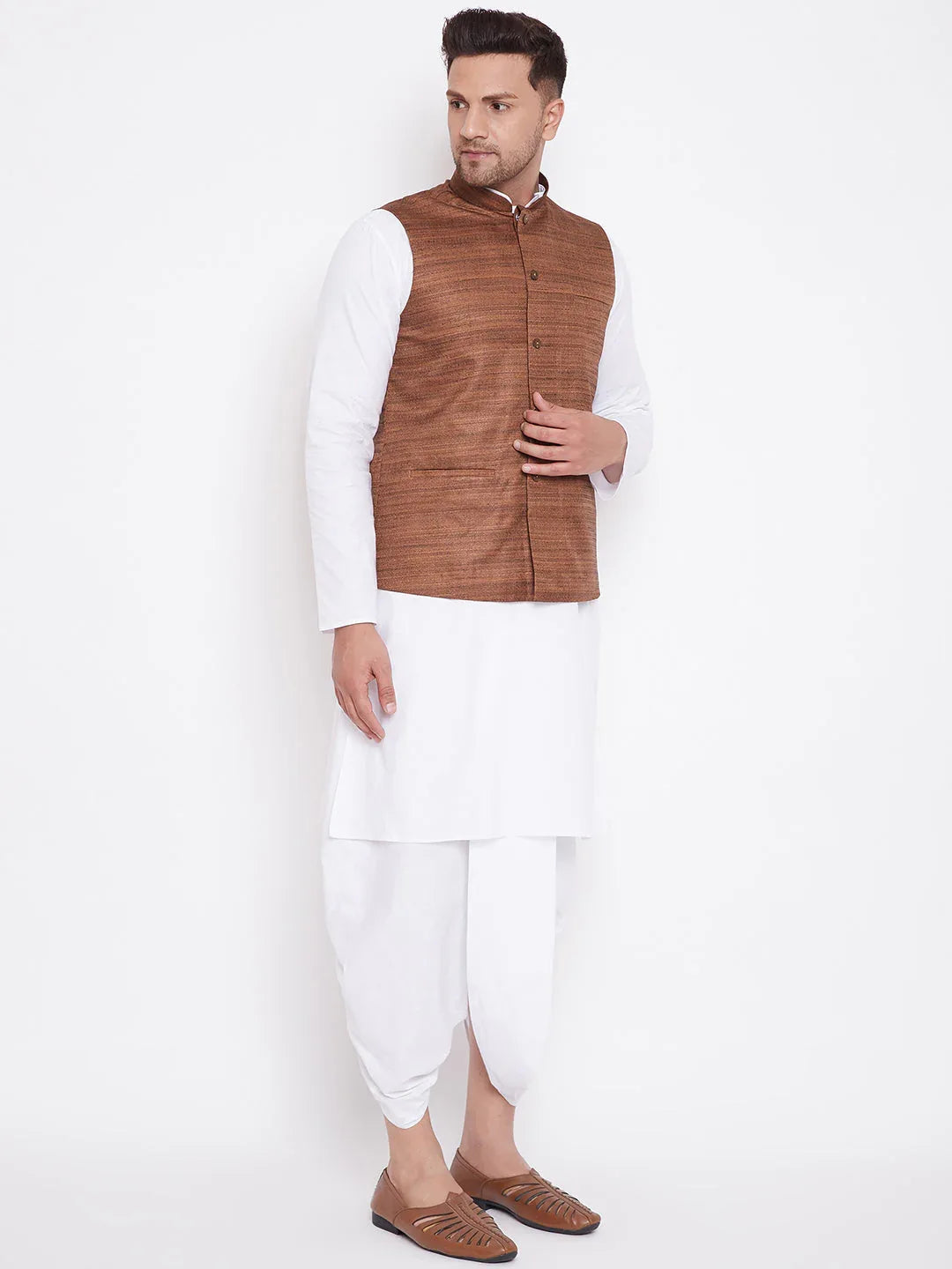 Men's Coffee Brown And White Cotton Blend Jacket, Kurta And Dhoti Set