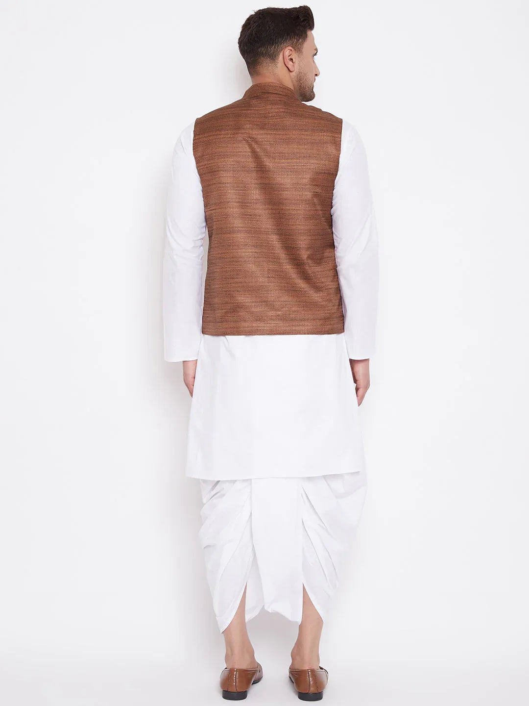 Men's Coffee Brown And White Cotton Blend Jacket, Kurta And Dhoti Set