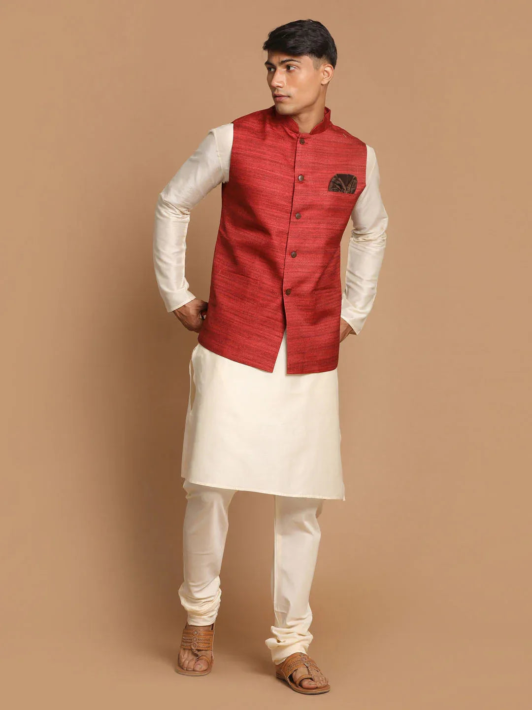 Men's Maroon Textured Nehru Jacket With Cream Kurta And Pyjama Set