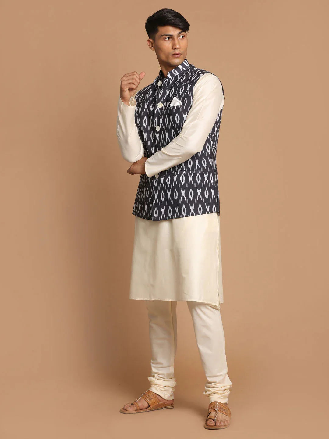 Men's Black Nehru Jacket With Cream Kurta And Pyjama Set