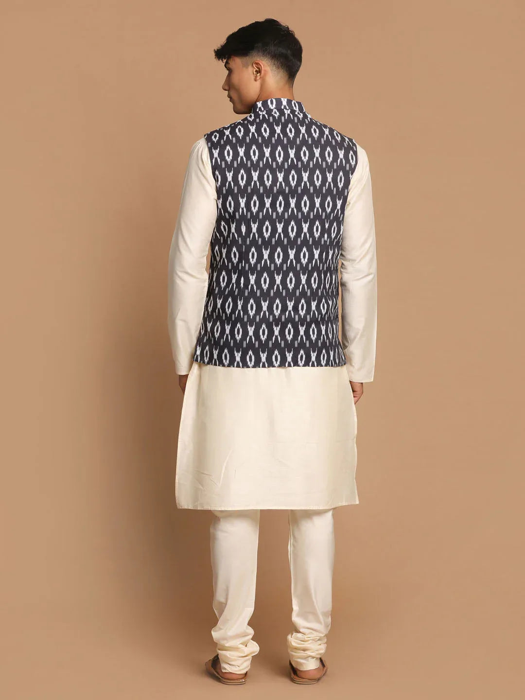 Men's Black Nehru Jacket With Cream Kurta And Pyjama Set