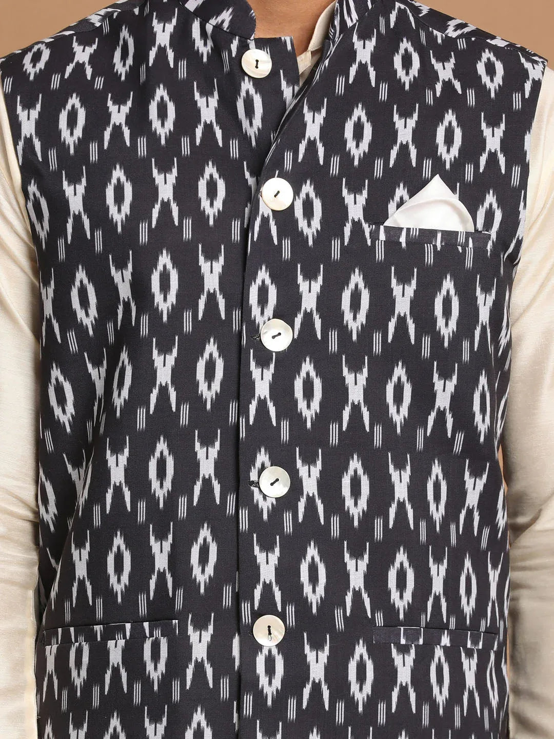 Men's Black Nehru Jacket With Cream Kurta And Pyjama Set