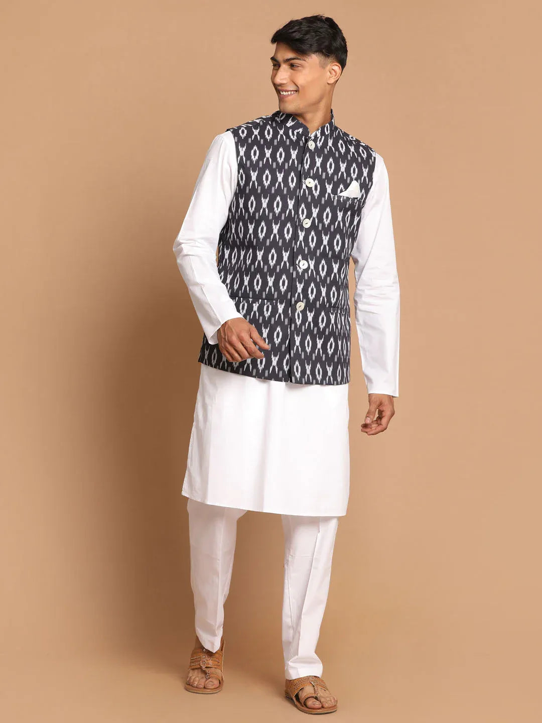 Men's Grey Printed Cotton Nehru Jacket With White Kurta And Pant Set
