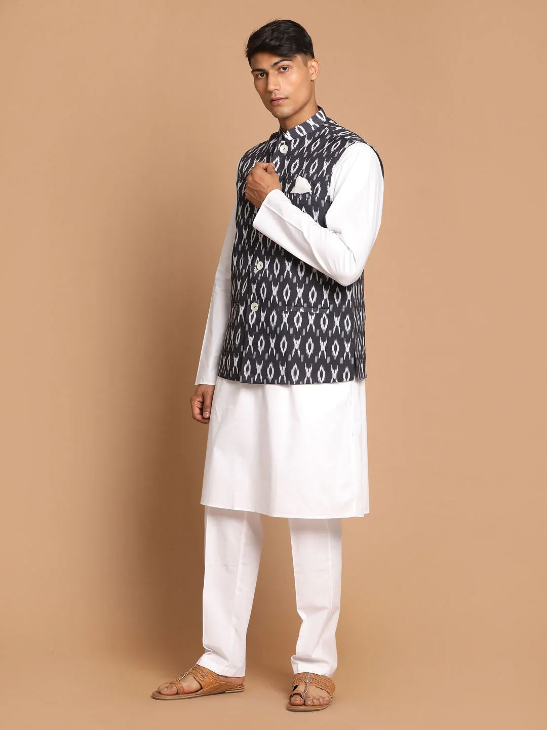 Men's Black Ikkat Printed Cotton Nehru Jacket With White Kurta And Pyjama Set