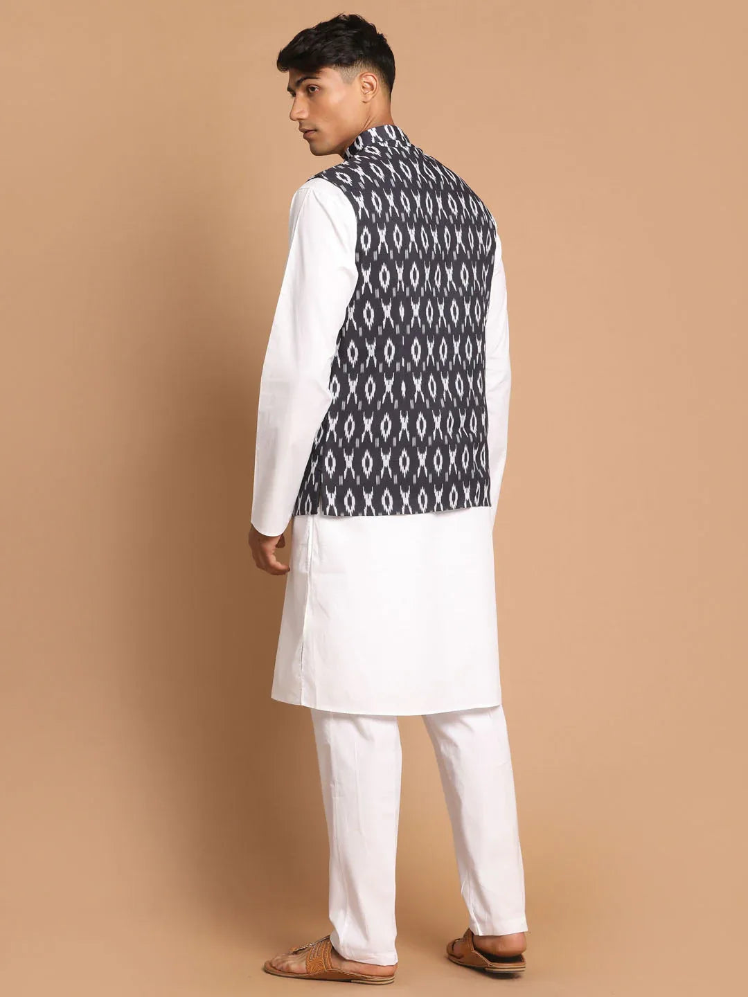 Men's Black Ikkat Printed Cotton Nehru Jacket With White Kurta And Pyjama Set