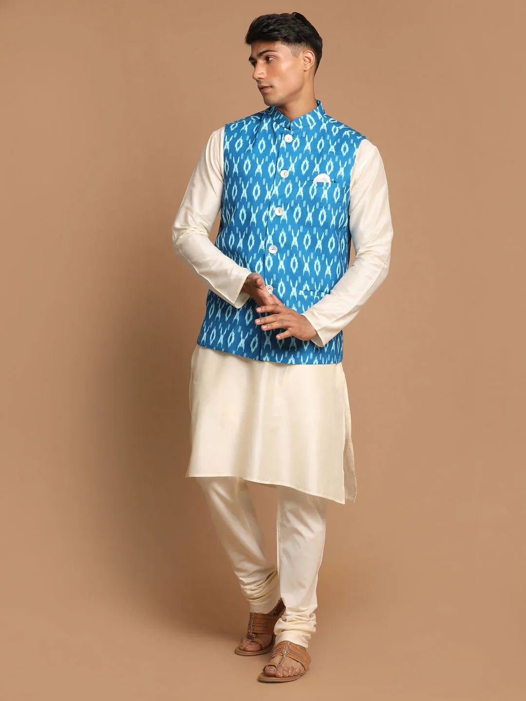 Men's Turquoise Cotton Nehru Jacket With Cream Kurta And Pyjama Set