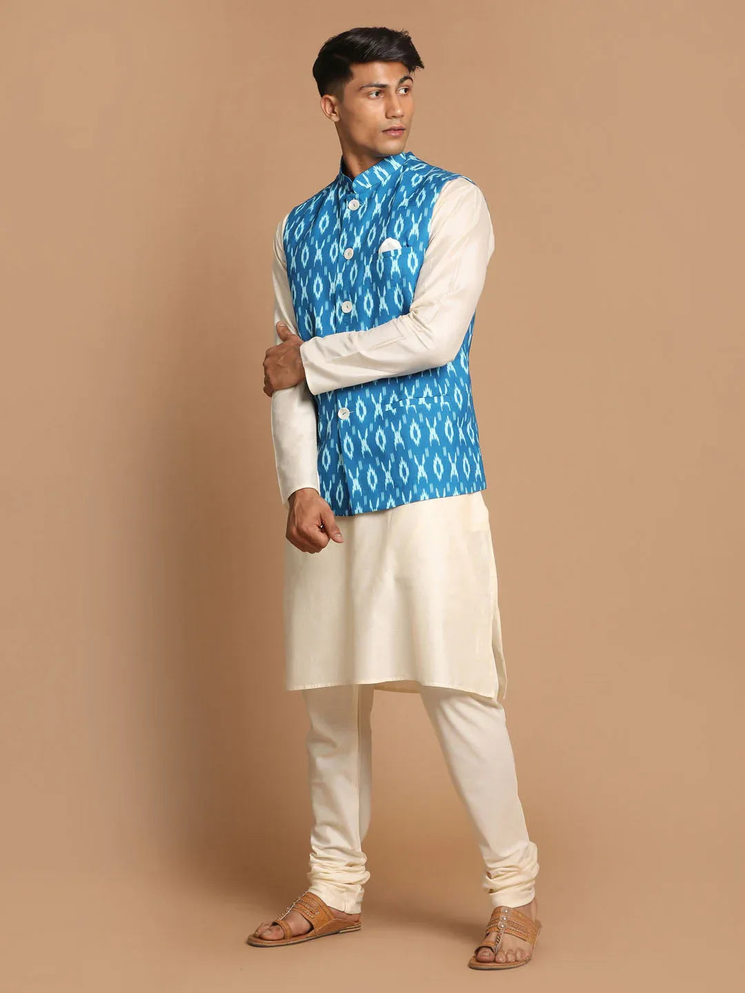 Men's Turquoise Cotton Nehru Jacket With Cream Kurta And Pyjama Set