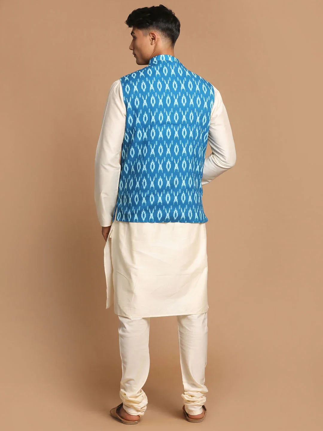 Men's Turquoise Cotton Nehru Jacket With Cream Kurta And Pyjama Set