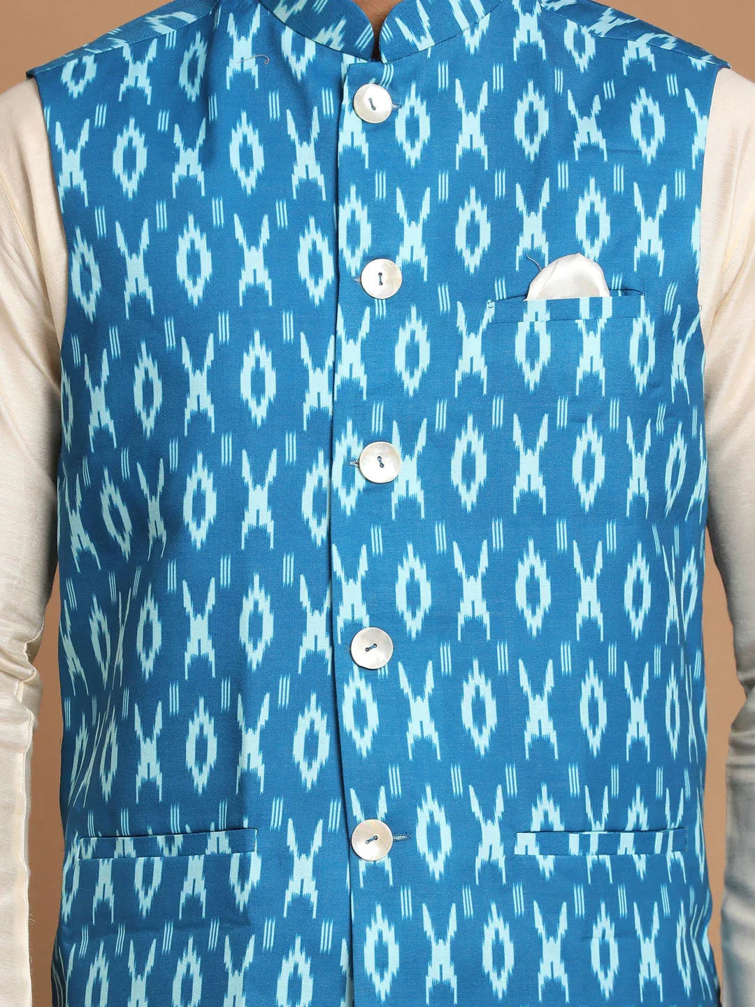 Men's Turquoise Cotton Nehru Jacket With Cream Kurta And Pyjama Set