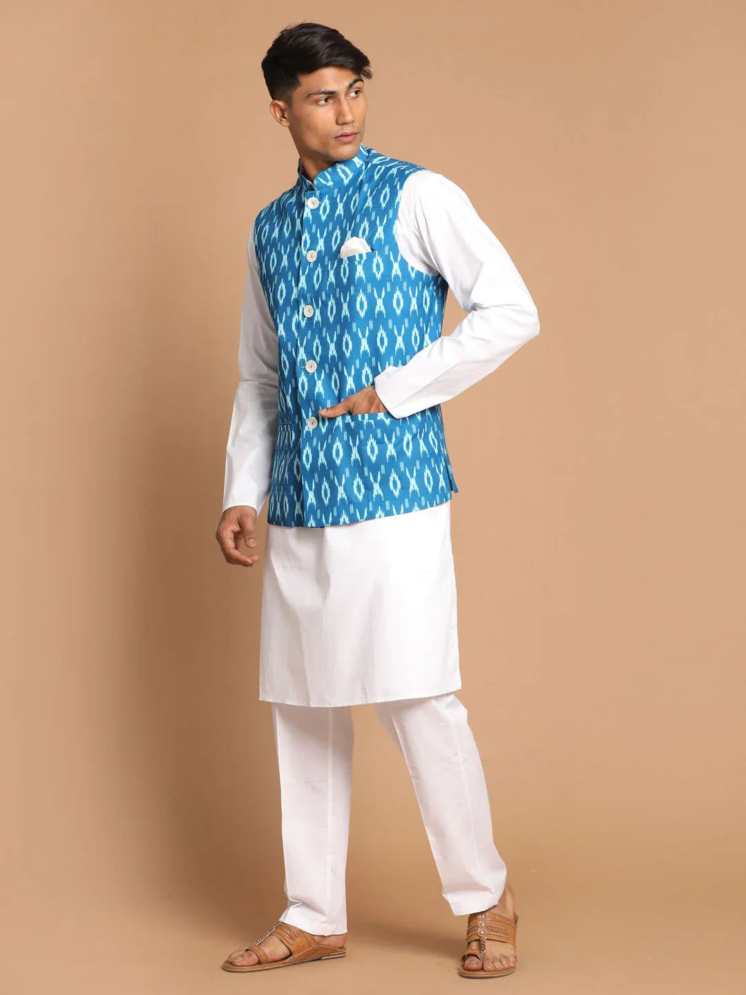 Men's Turquoise Cotton Nehru Jacket With White Kurta And Pant Set