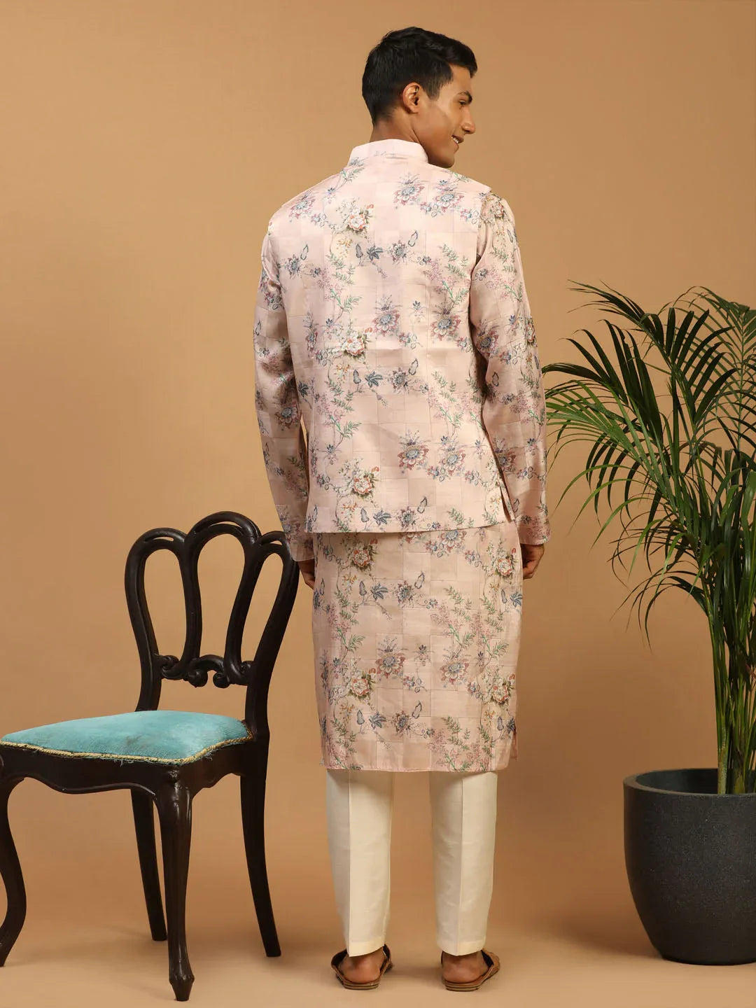 Light Pink Floral Print Nehru Jacket And Pink Printed Kurta With Cream Viscose Pant Set