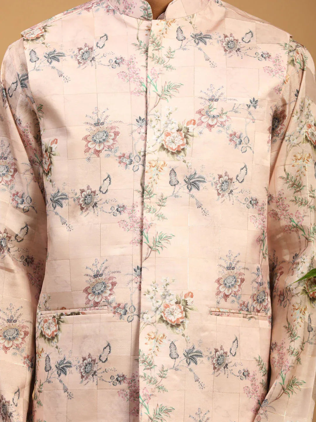 Light Pink Floral Print Nehru Jacket And Pink Printed Kurta With Cream Viscose Pant Set