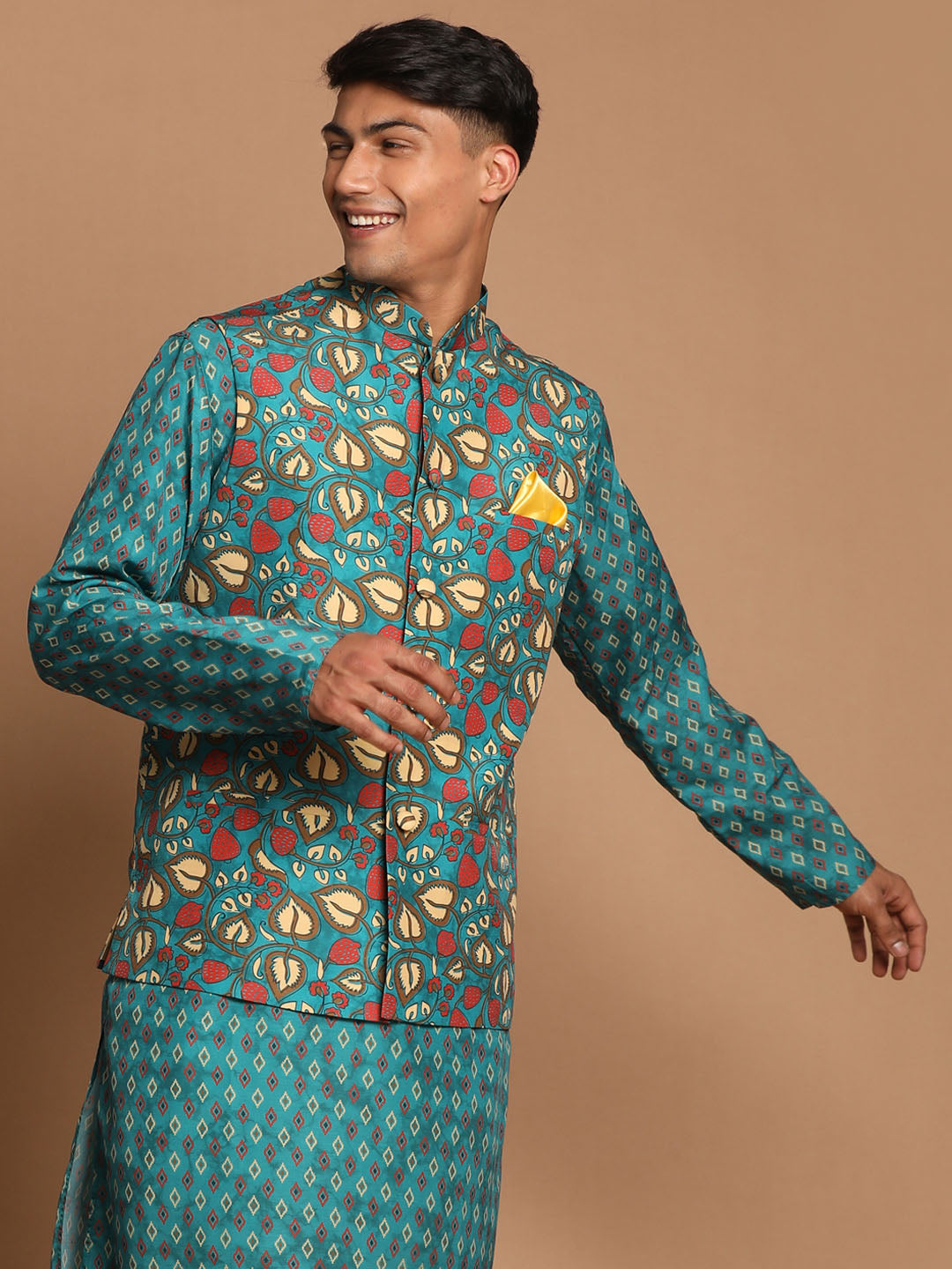Men's Green Printed Nehru Jacket