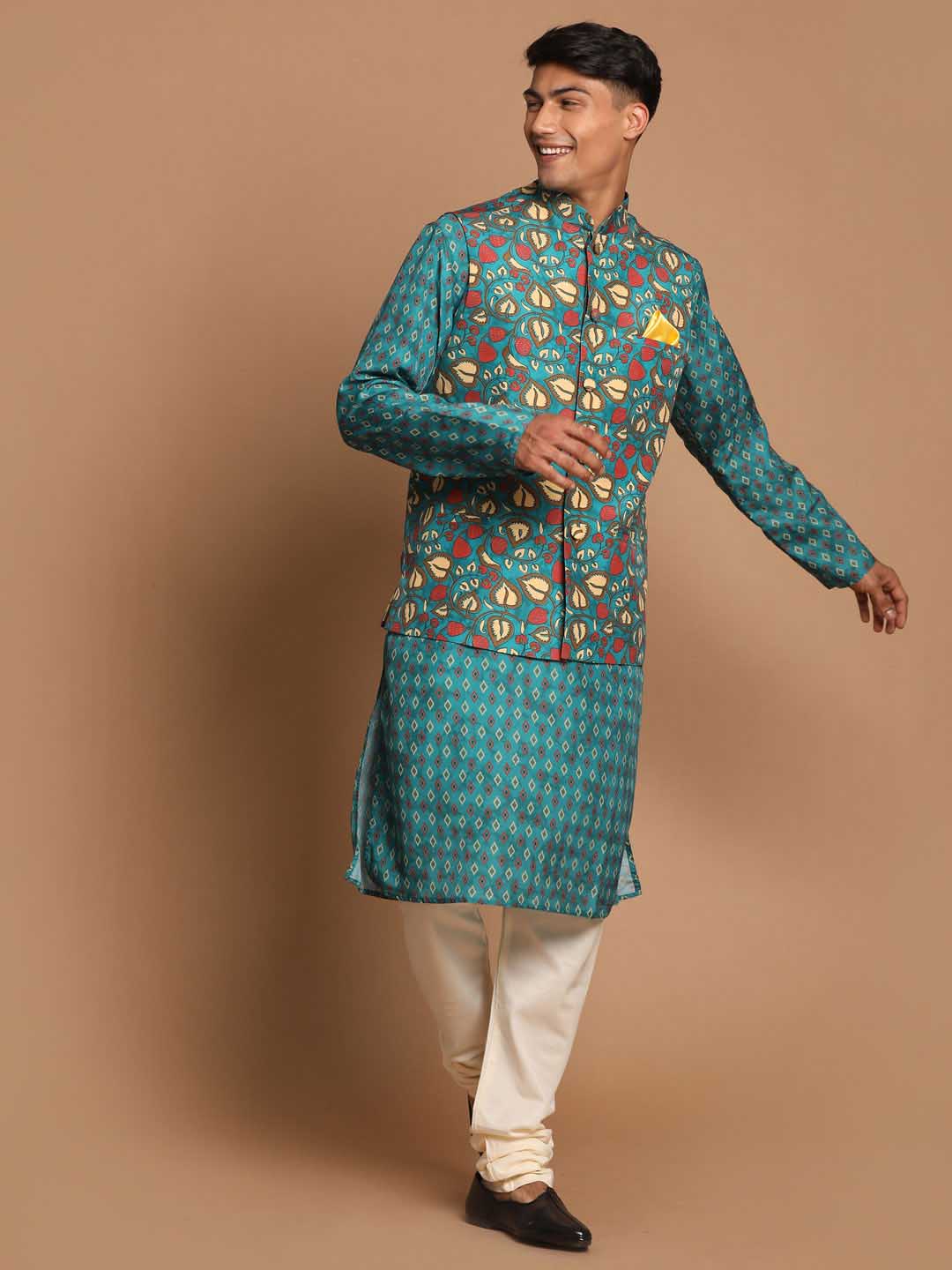 Men's Green Printed Nehru Jacket