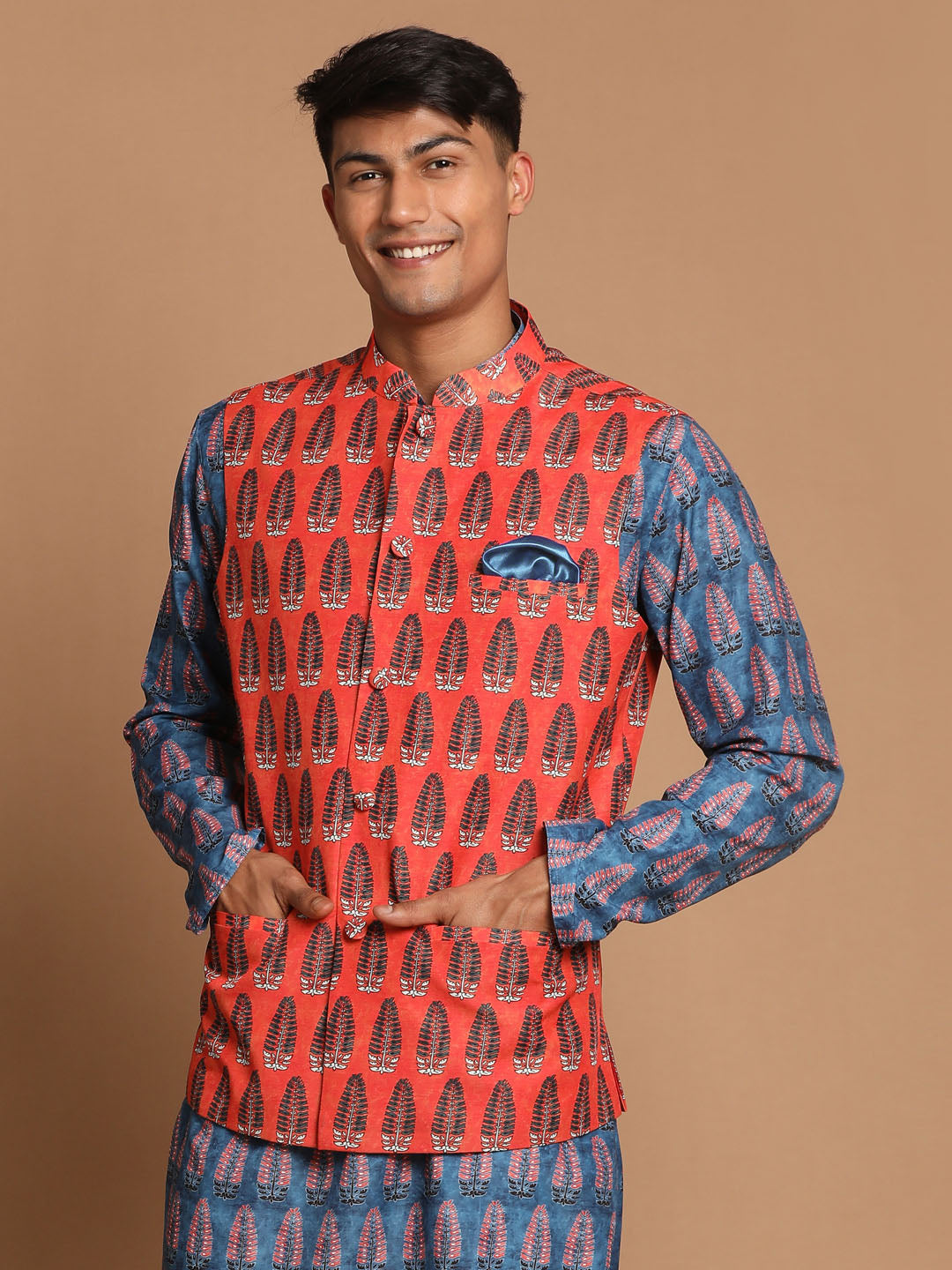 Men's Orange Printed Nehru Jacket