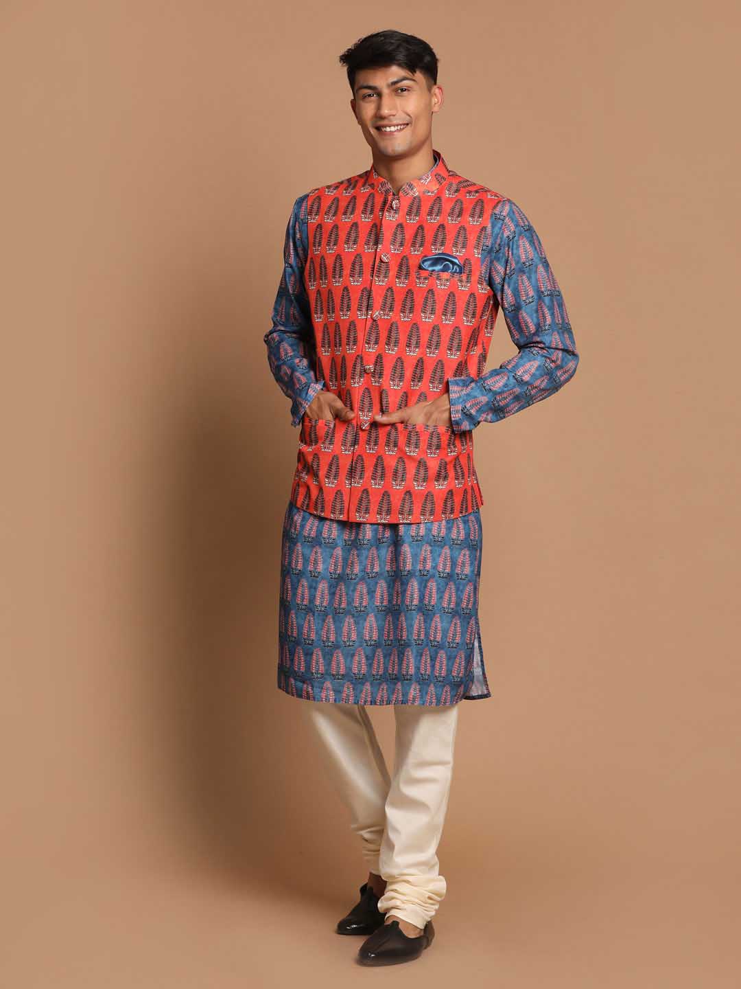 Men's Orange Printed Nehru Jacket