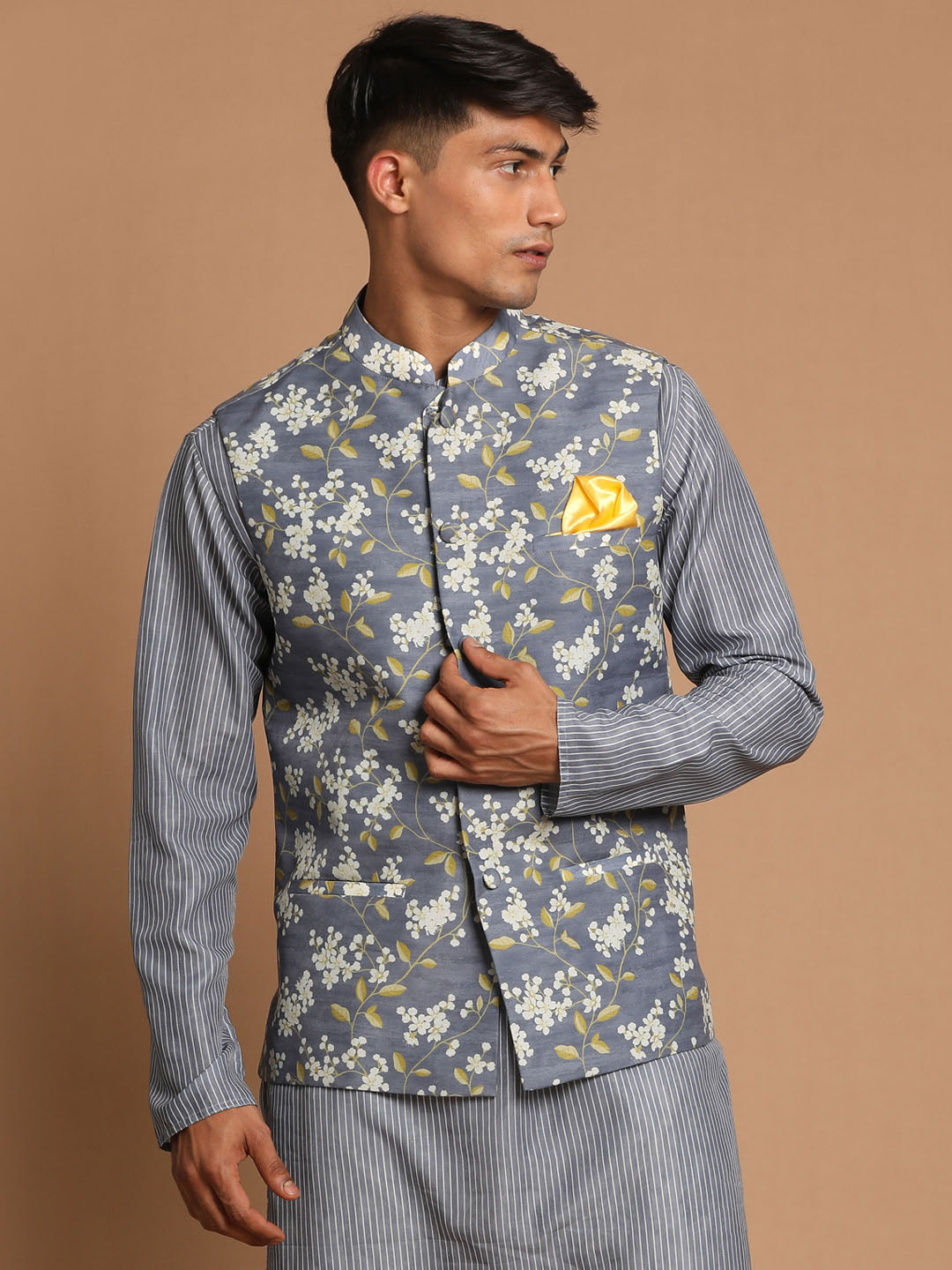 Men's Gray Floral Print Nehru Jacket