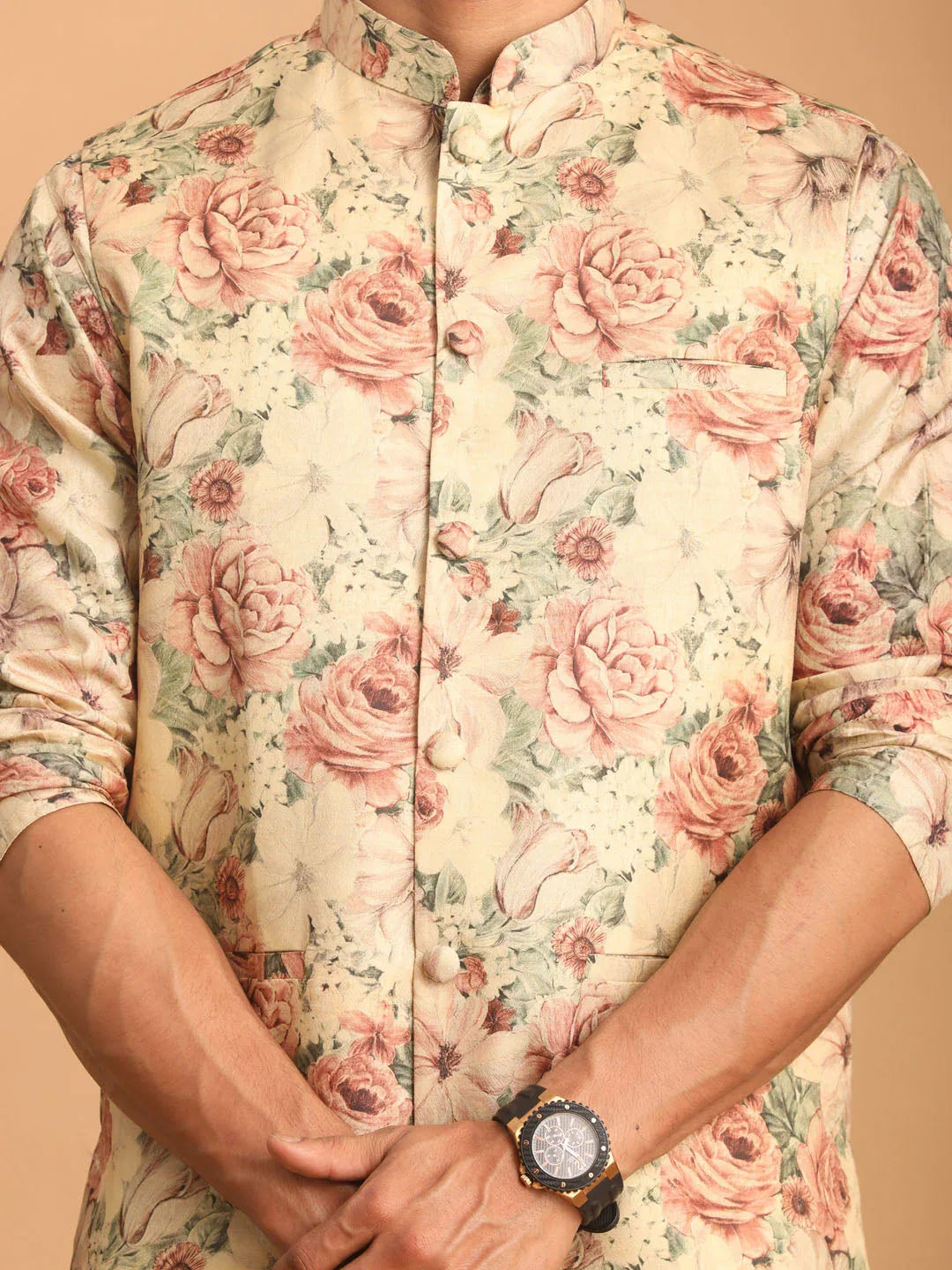 Beige Printed Nehru Jacket And Kurta With Cream Solid Viscose Pant Set