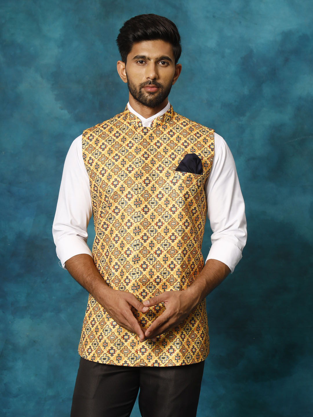 Yellow Geometric Print Embellished Nehru Jacket