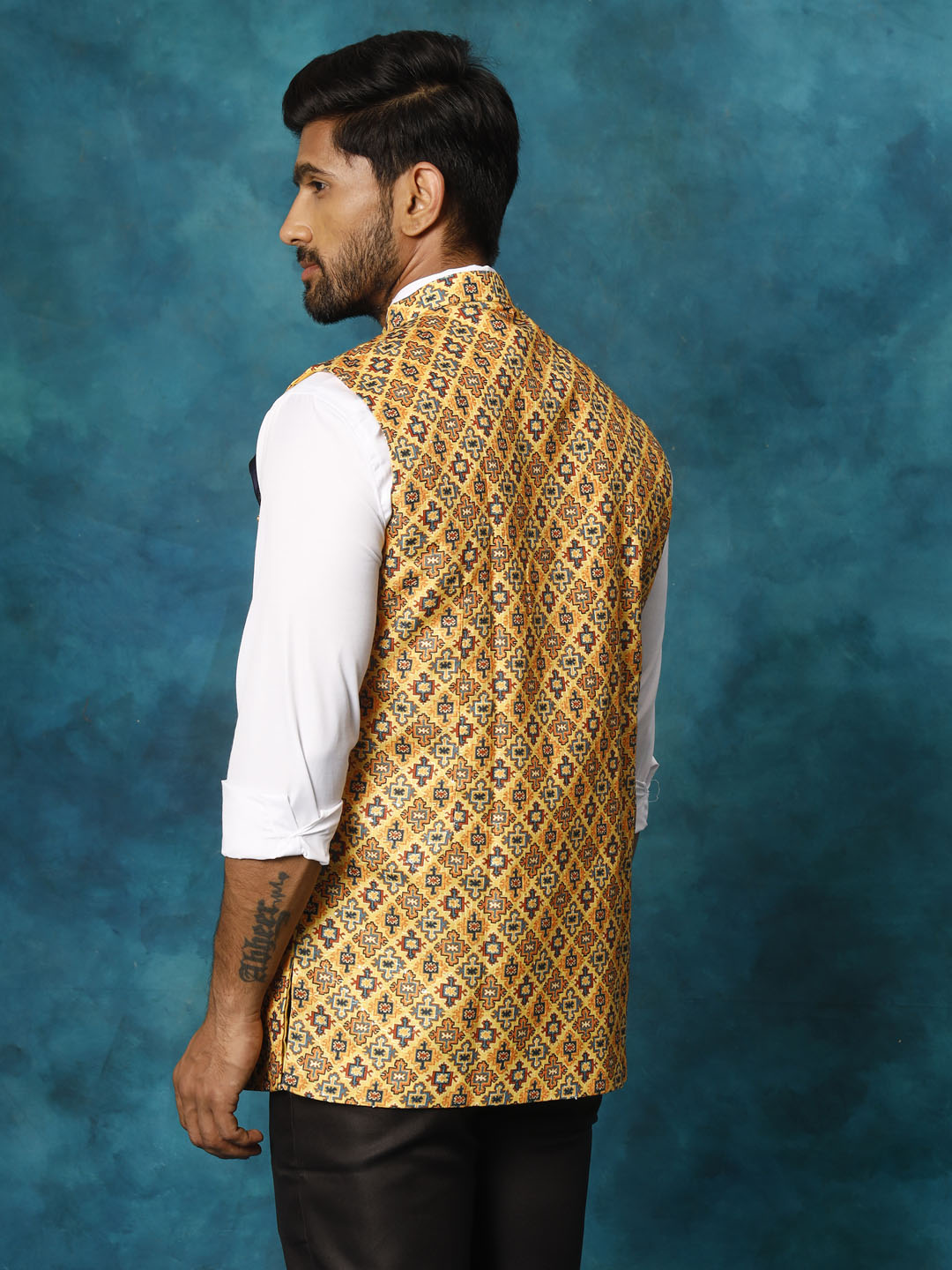 Yellow Geometric Print Embellished Nehru Jacket