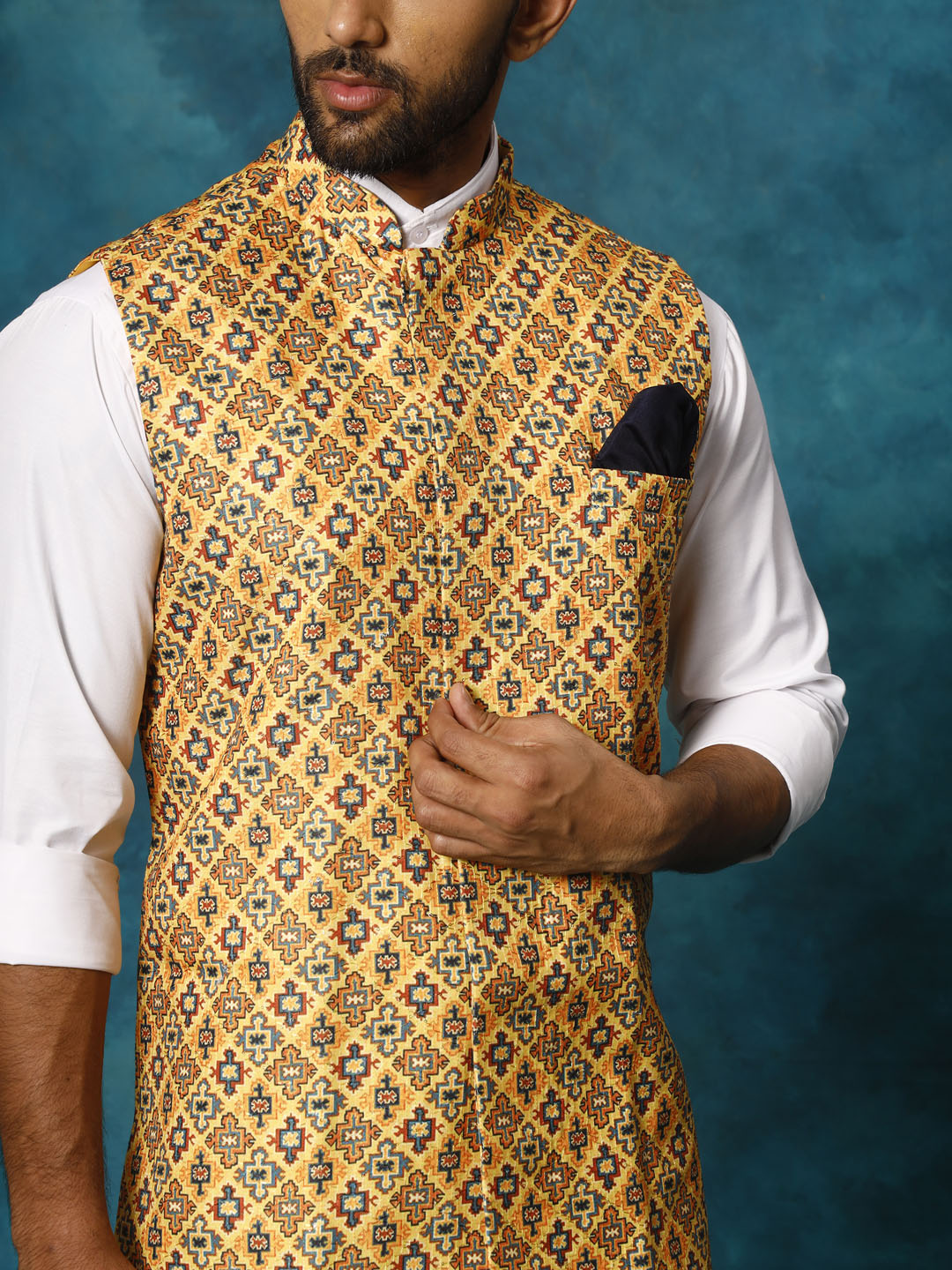Yellow Geometric Print Embellished Nehru Jacket