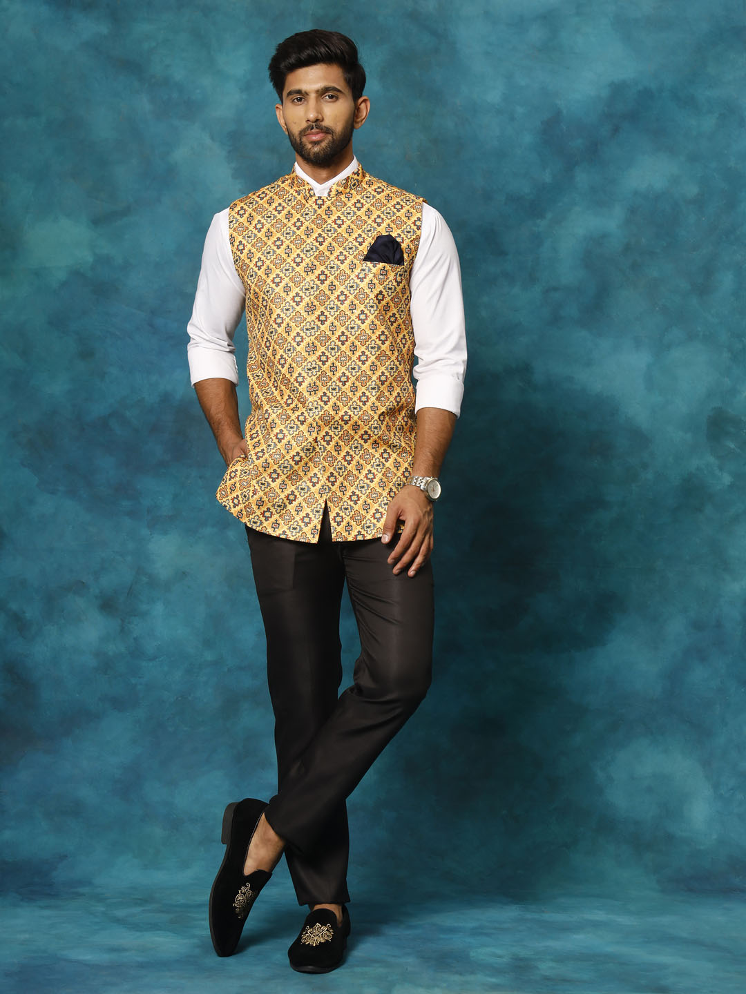 Yellow Geometric Print Embellished Nehru Jacket