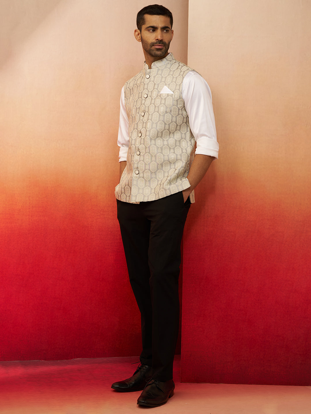 Men Grey Silk Nehru Jacket