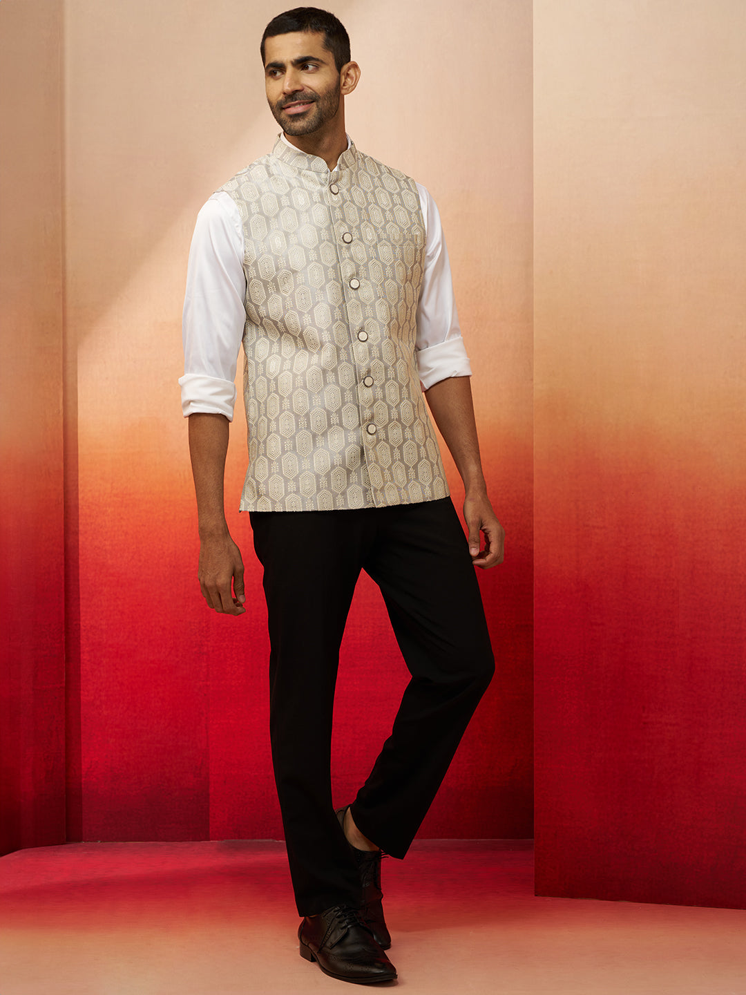 Men Grey Silk Nehru Jacket