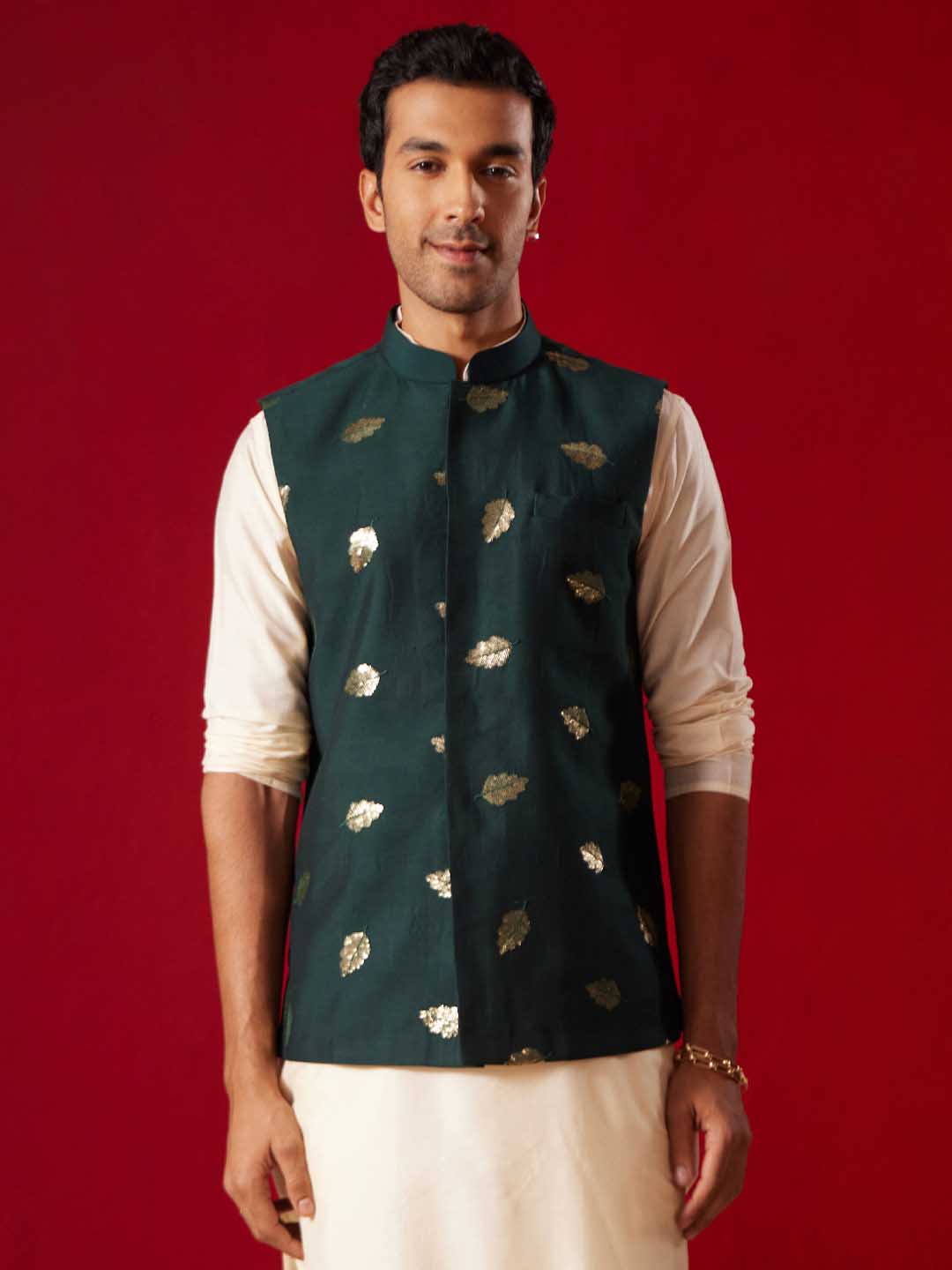 Men's Green Leaf Motif Embellished Jacket