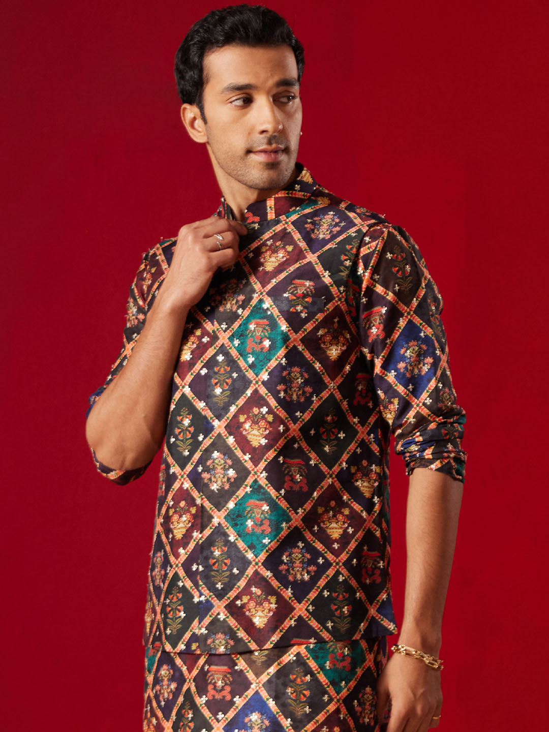 Purple Muslin Sequined Patola Print Nehru Jacket