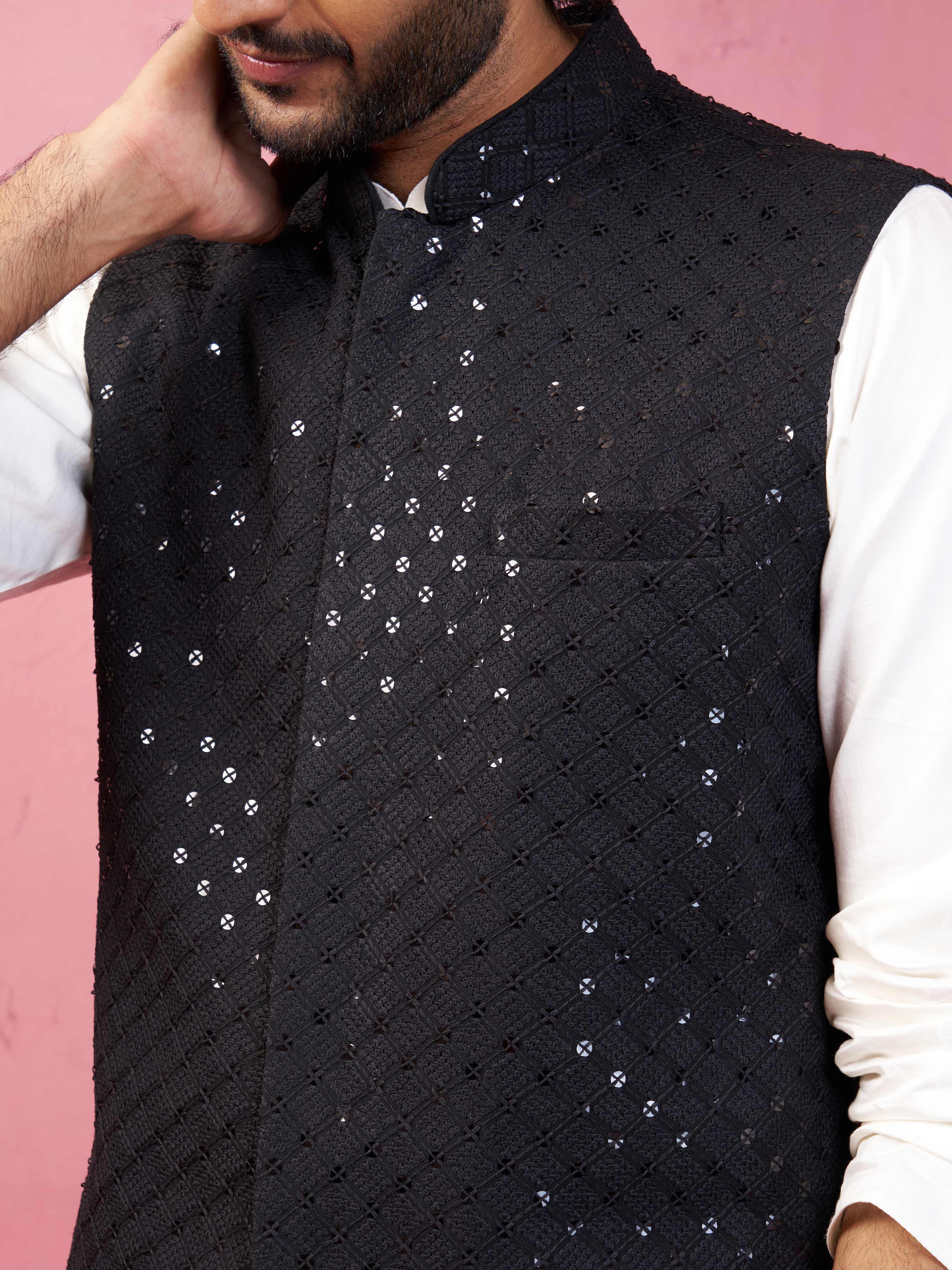 Black Rayon Sequined Nehru Jacket