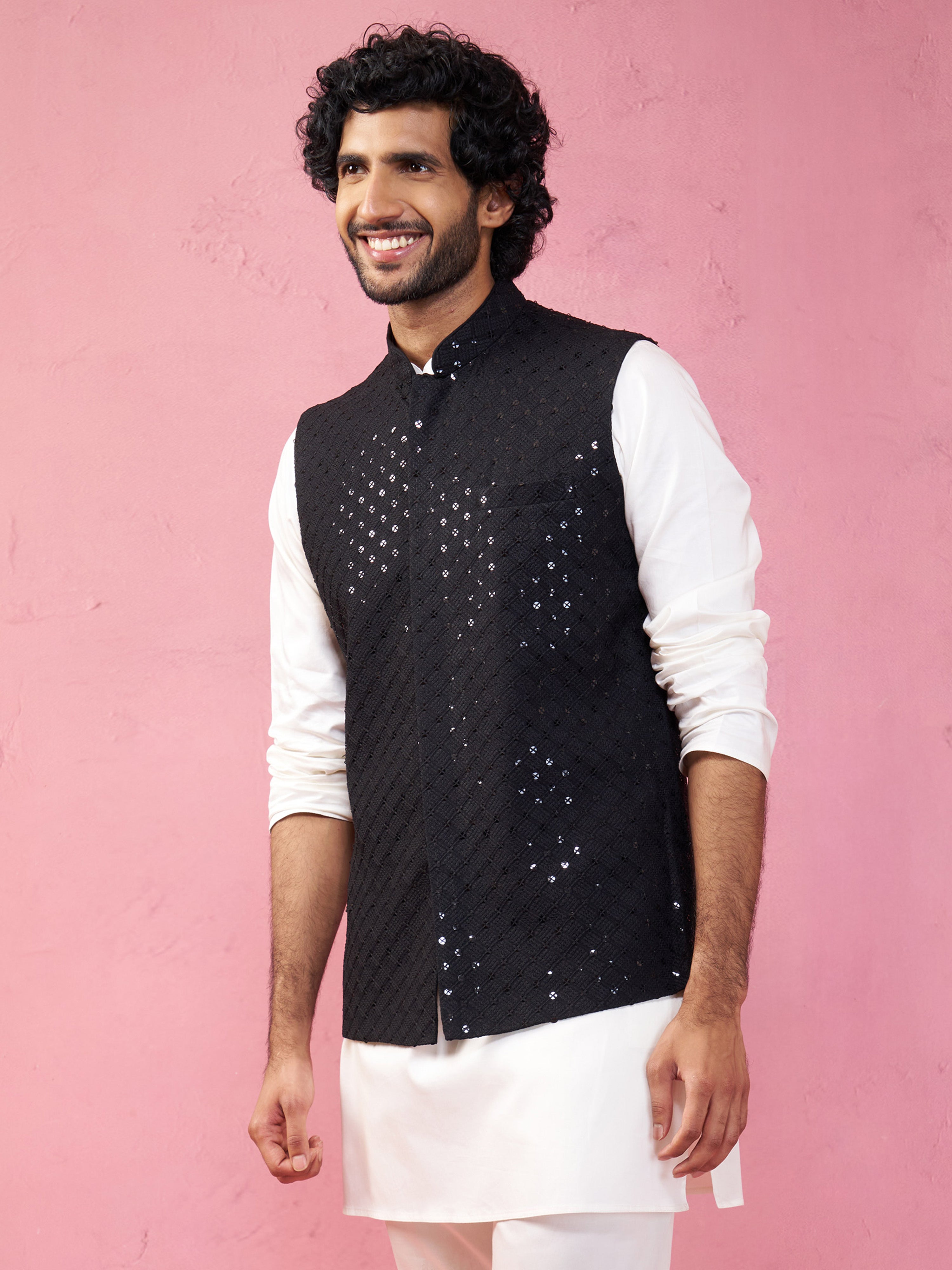 Black Rayon Sequined Nehru Jacket