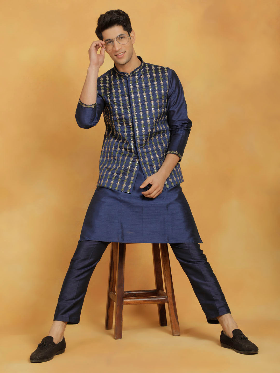 Men's Navy Blue Dupion Silk Nehru Jacket