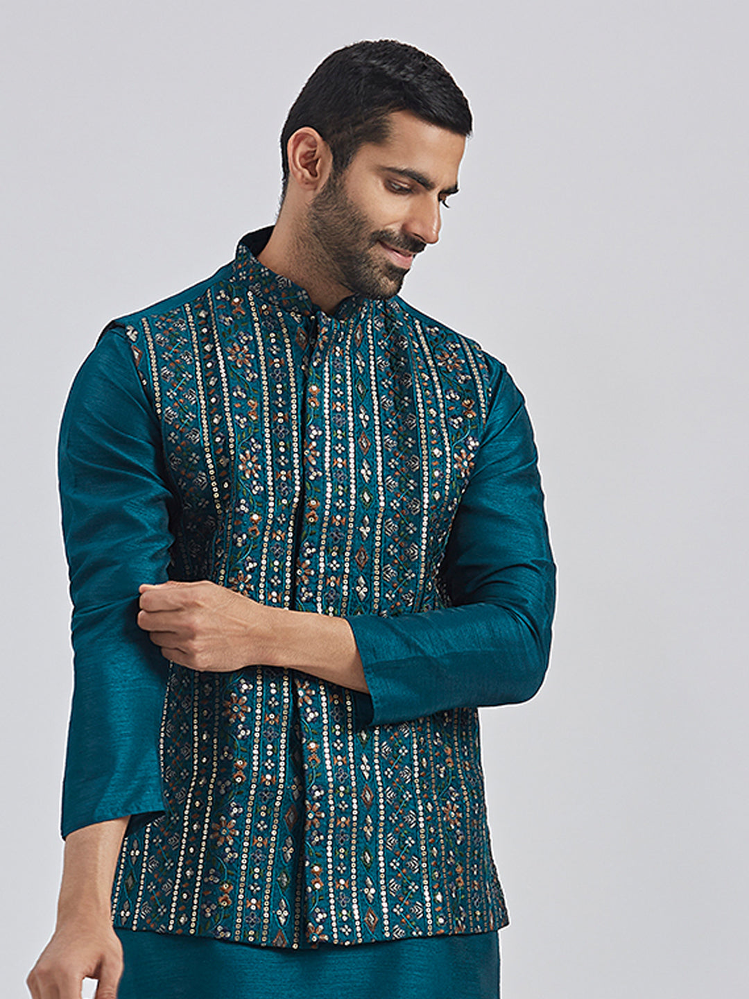 Men's Turquoise Silk Blend Nehru Jacket