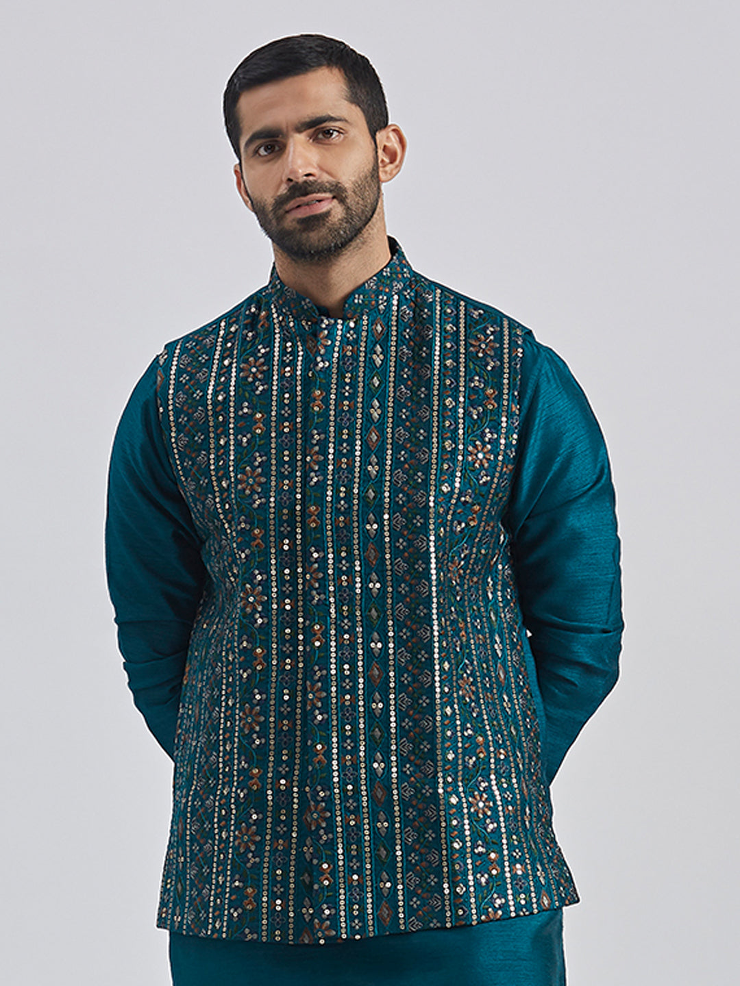 Men's Turquoise Silk Blend Nehru Jacket
