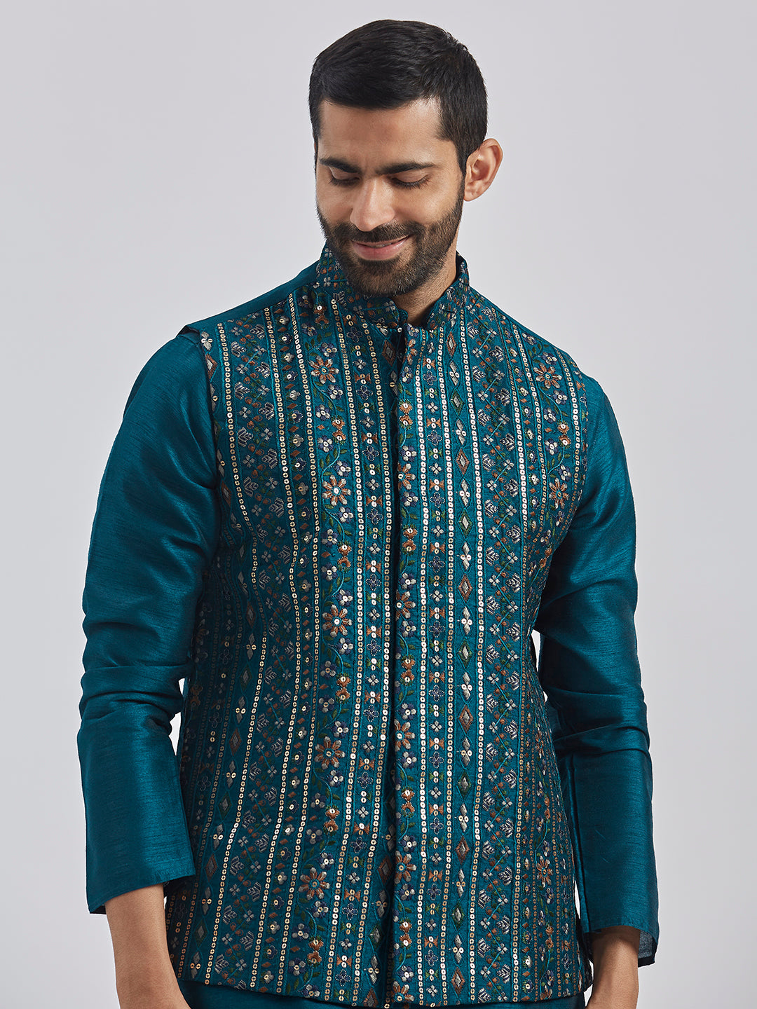 Men's Turquoise Silk Blend Nehru Jacket