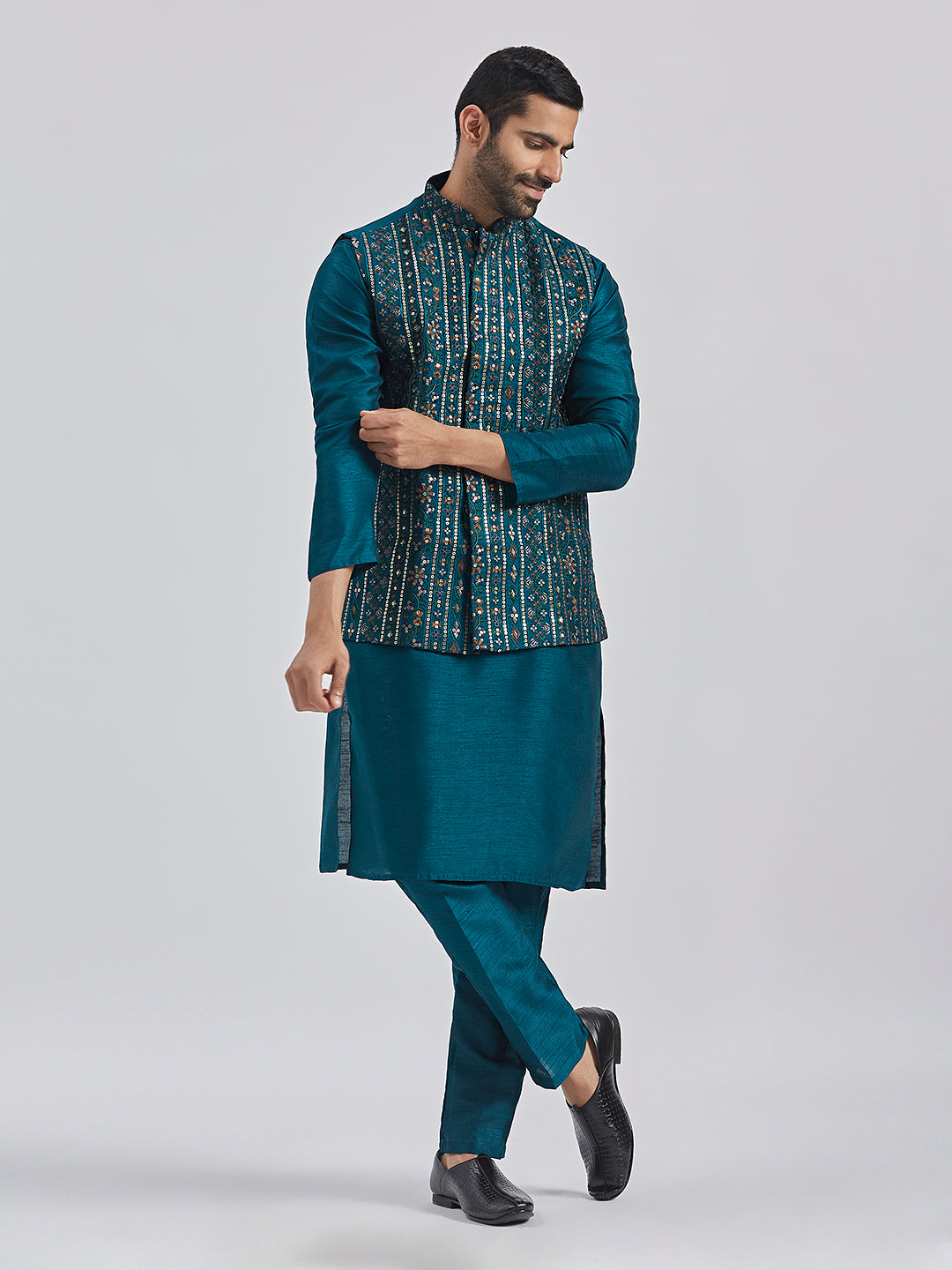 Men's Turquoise Silk Blend Nehru Jacket