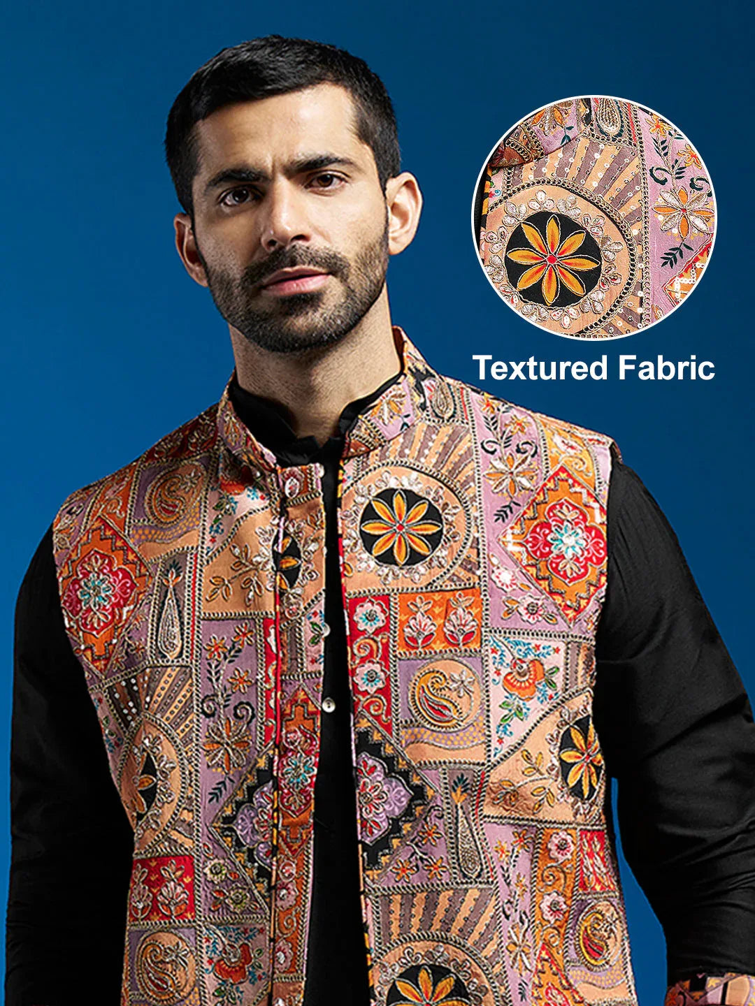 Men's Black Viscose Jacket,Kurta And Pyjama Set.