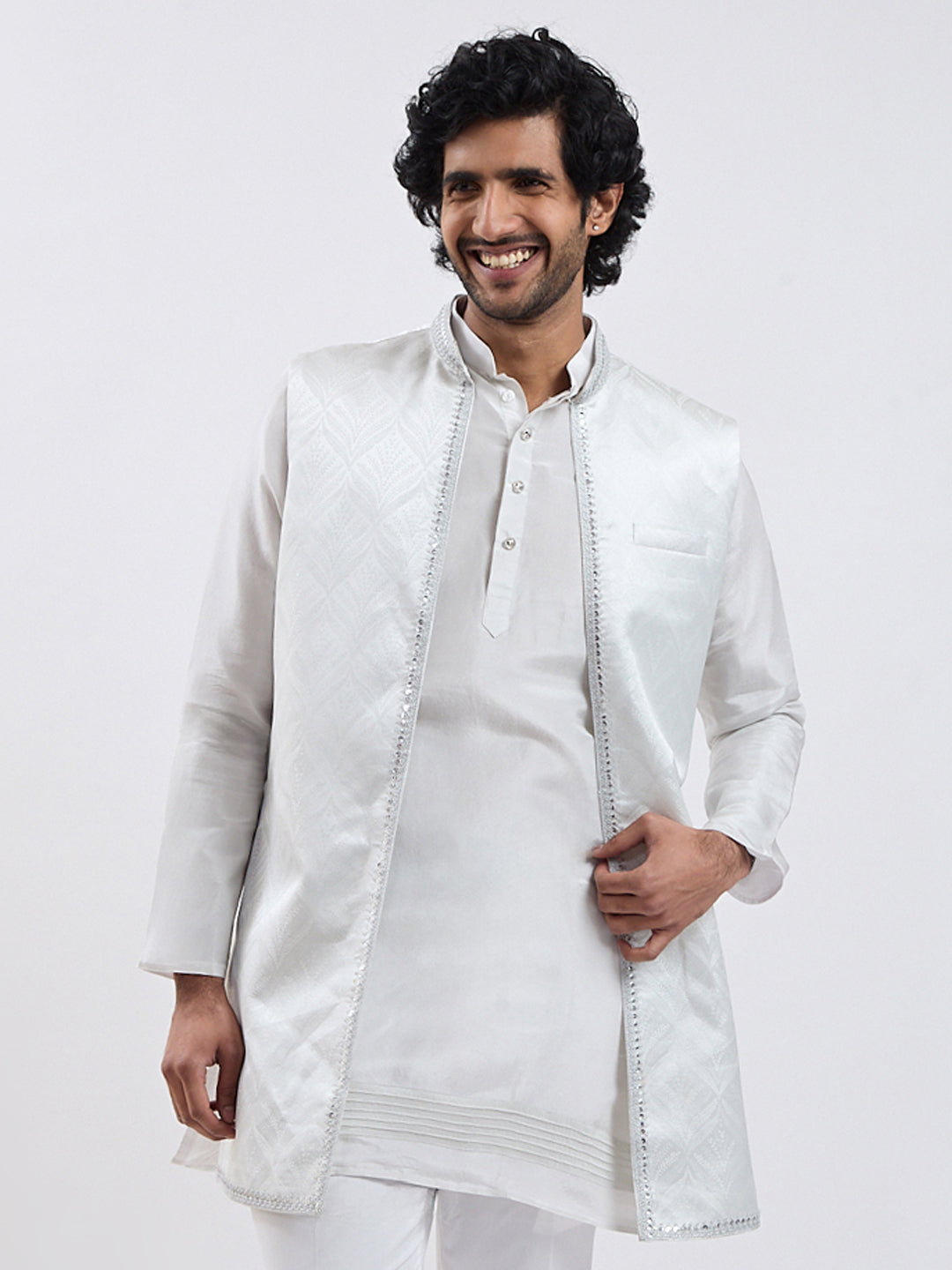Men's Silver Cotton Blend Nehru Jacket