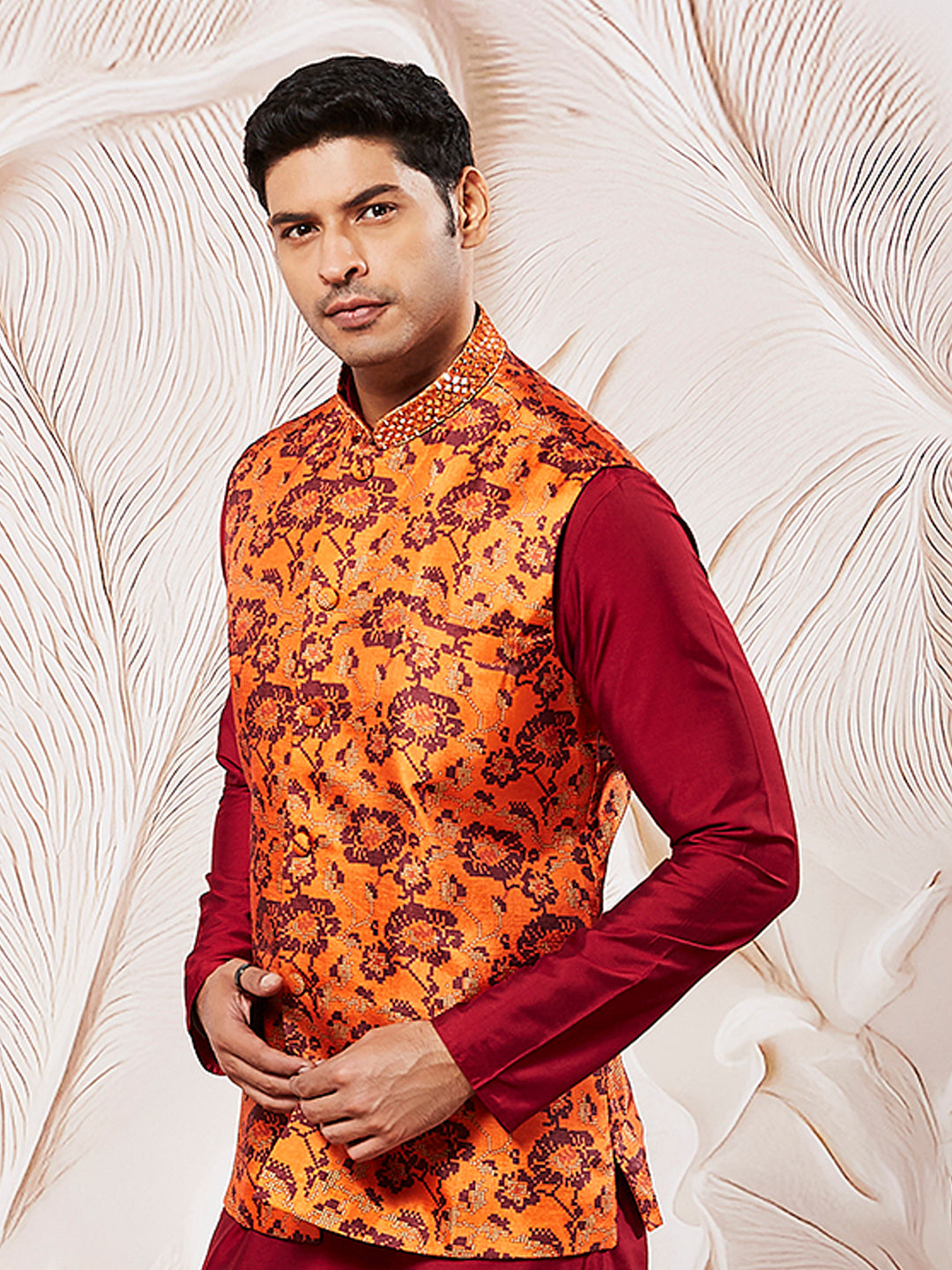 Men's Rust Silk Blend Nehru Jacket.