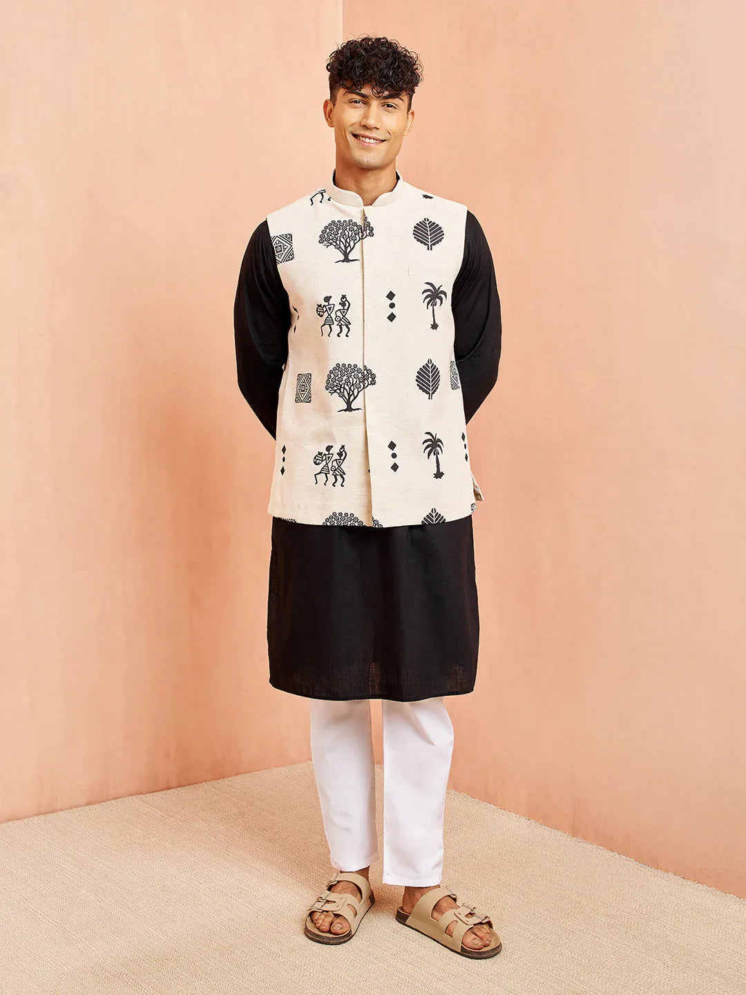 Men's Cream Block Print Nehru Jacket Black Kurta White Pyjama Set
