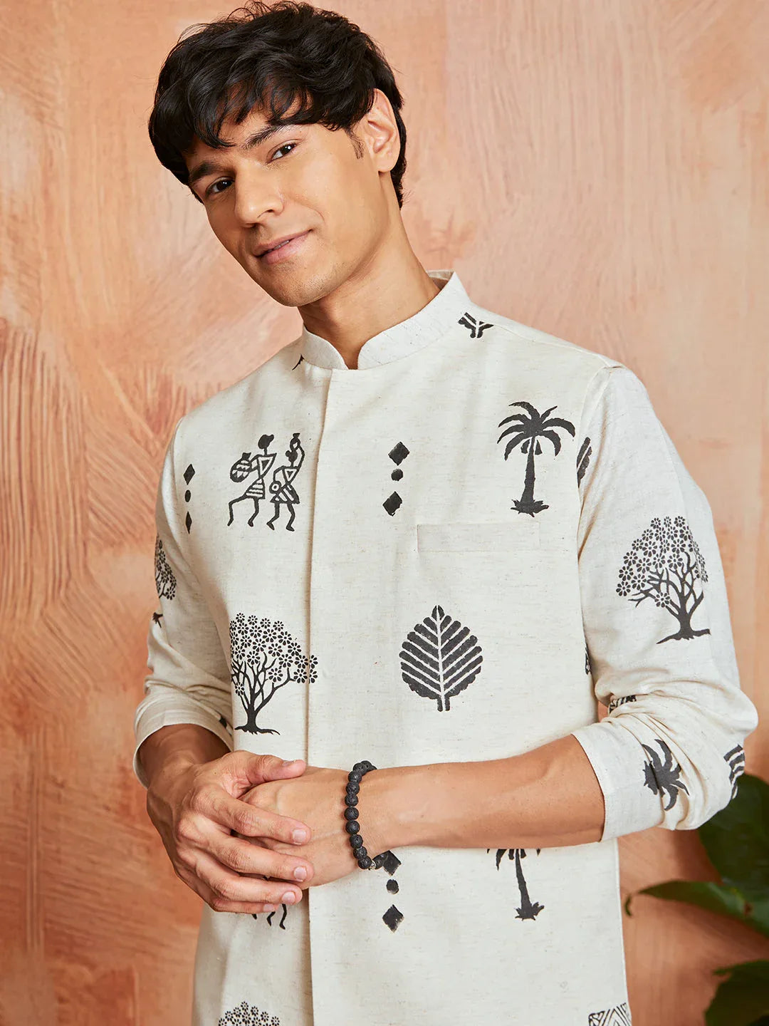 Men's Cream Cotton Jacket Kurta And Pyjama Set
