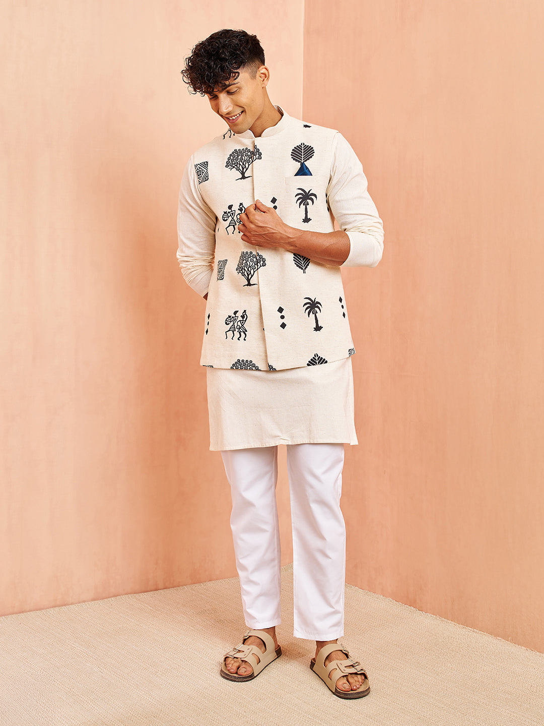 Men's Cream Block Print Nehru Jacket with Mid Length Kurta Pyjama Set