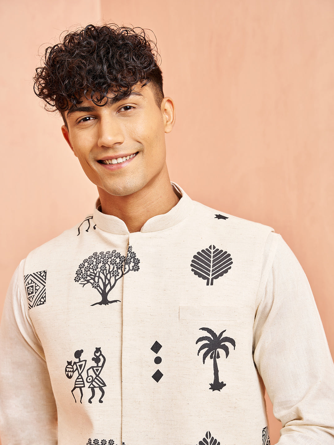 Men's Cream Block Print Nehru Jacket with Mid Length Kurta Pyjama Set