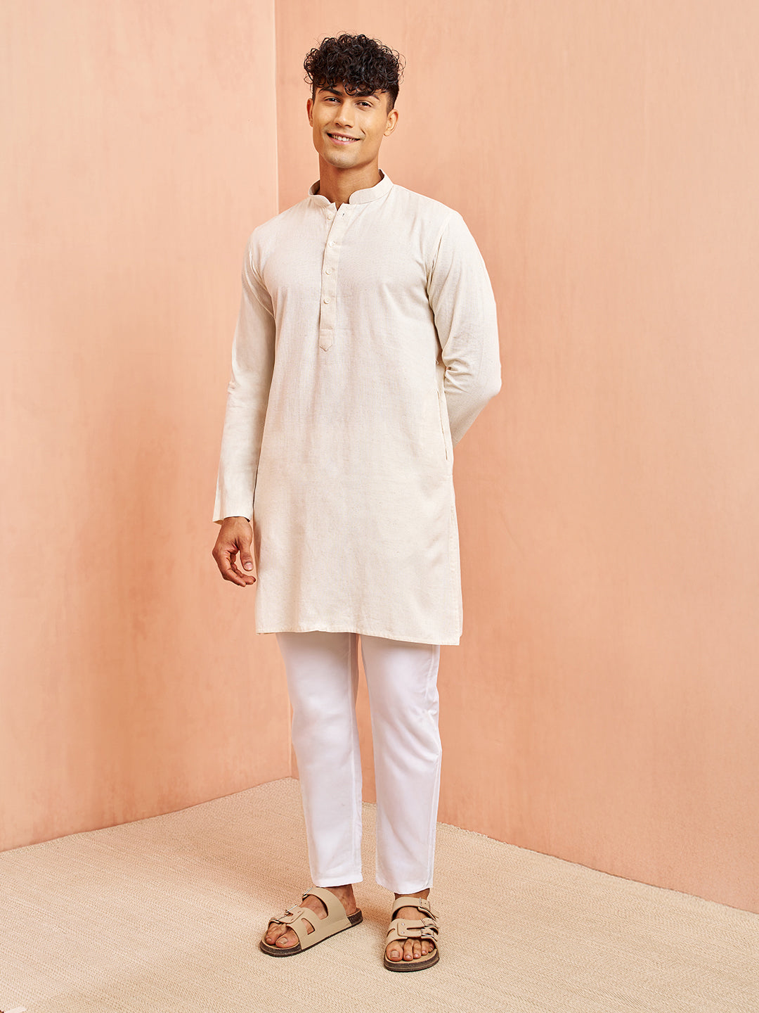 Men's Cream Block Print Nehru Jacket with Mid Length Kurta Pyjama Set